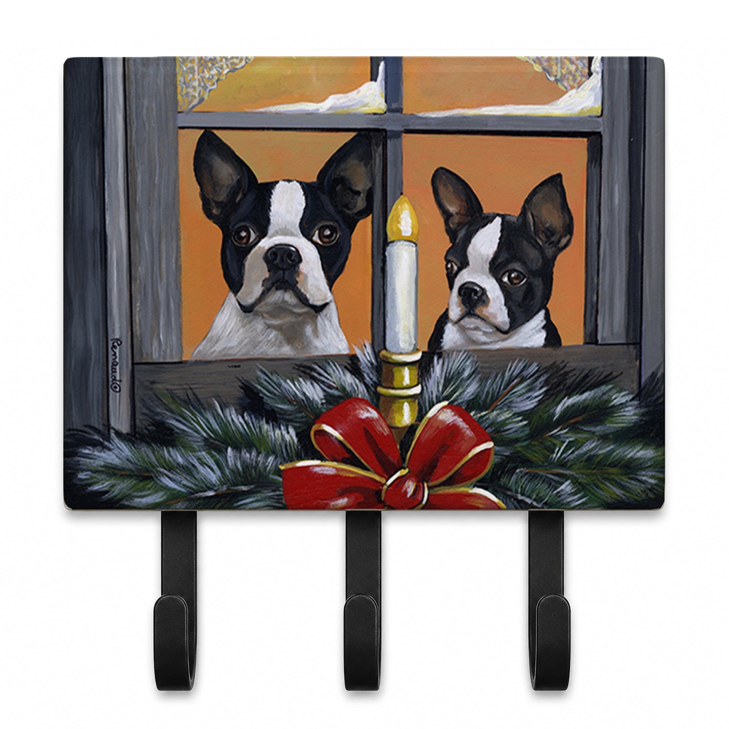 Boston Terrier Looking for Santa Christmas Leash or Key Holder Wall Hooks, Coat Rack Wall Mount, for Hanging Keys, Towels, Aprons, Leashes
