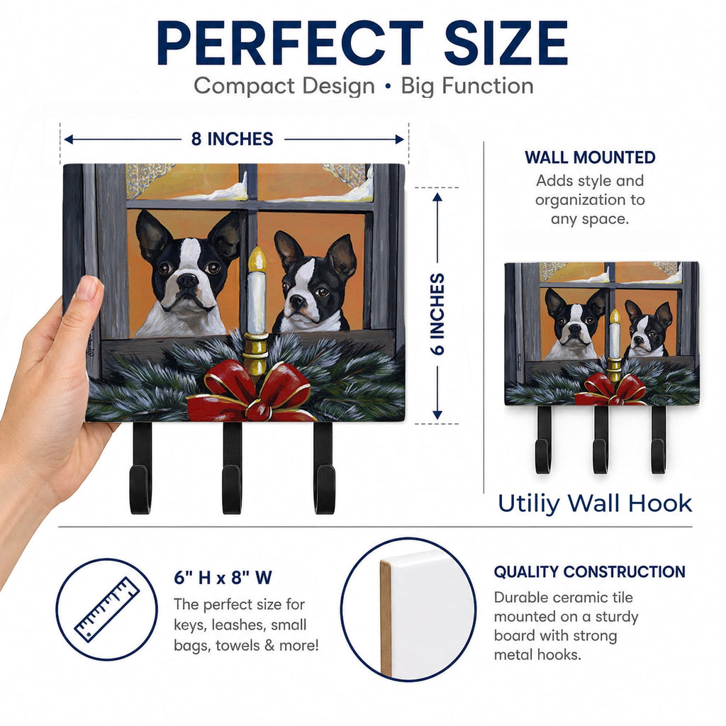Boston Terrier Looking for Santa Christmas Leash or Key Holder Wall Hooks, Coat Rack Wall Mount, for Hanging Keys, Towels, Aprons, Leashes