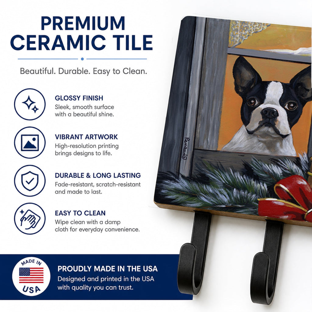 Boston Terrier Looking for Santa Christmas Leash or Key Holder Wall Hooks, Coat Rack Wall Mount, for Hanging Keys, Towels, Aprons, Leashes