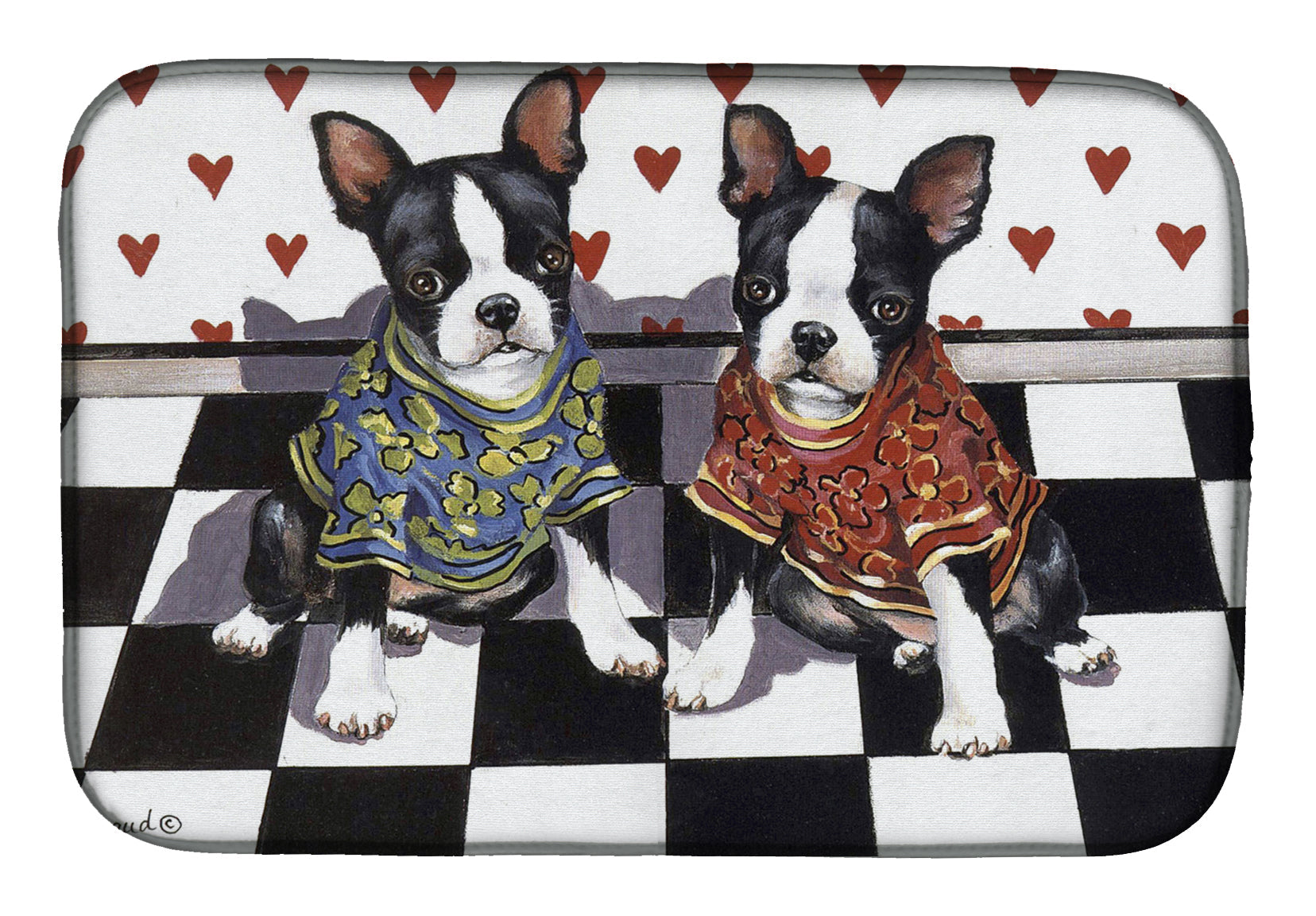 Boston Terrier Puppy Love Dish Drying Mat Absorbent Dish Drying Mat Pad for Kitchen Counter Dish Drainer Mat for Countertop, 14 x 21", Multicolor
