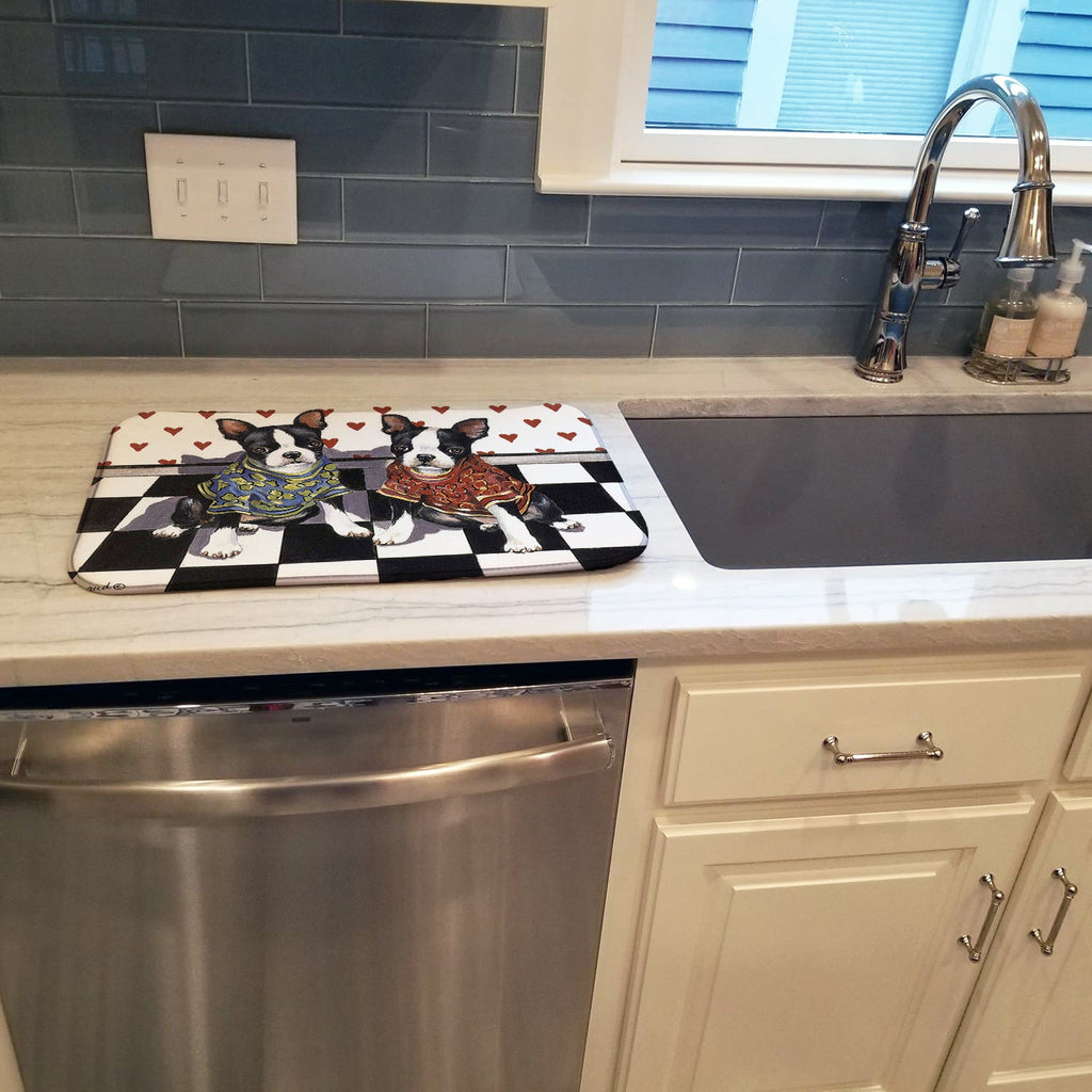 Boston Terrier Puppy Love Dish Drying Mat Absorbent Dish Drying Mat Pad for Kitchen Counter Dish Drainer Mat for Countertop, 14 x 21", Multicolor