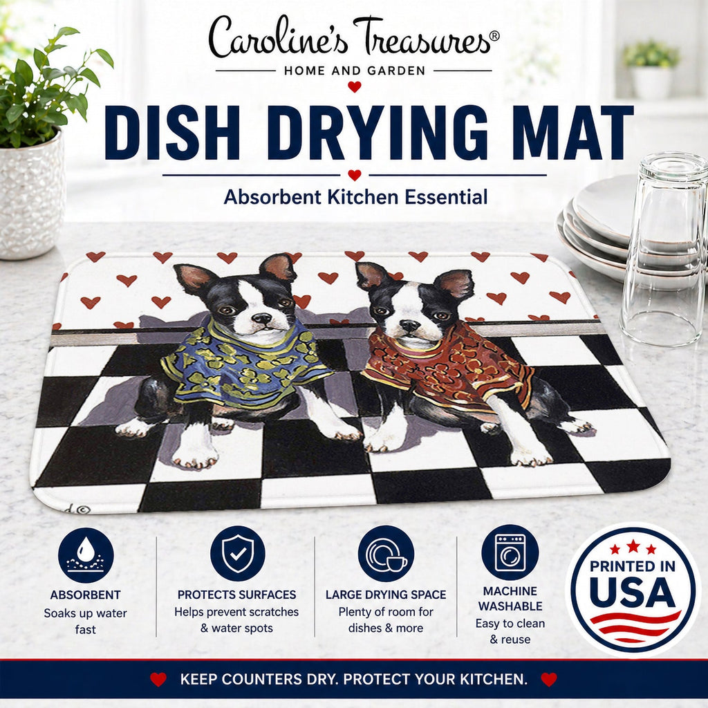 Boston Terrier Puppy Love Dish Drying Mat Absorbent Dish Drying Mat Pad for Kitchen Counter Dish Drainer Mat for Countertop, 14 x 21", Multicolor