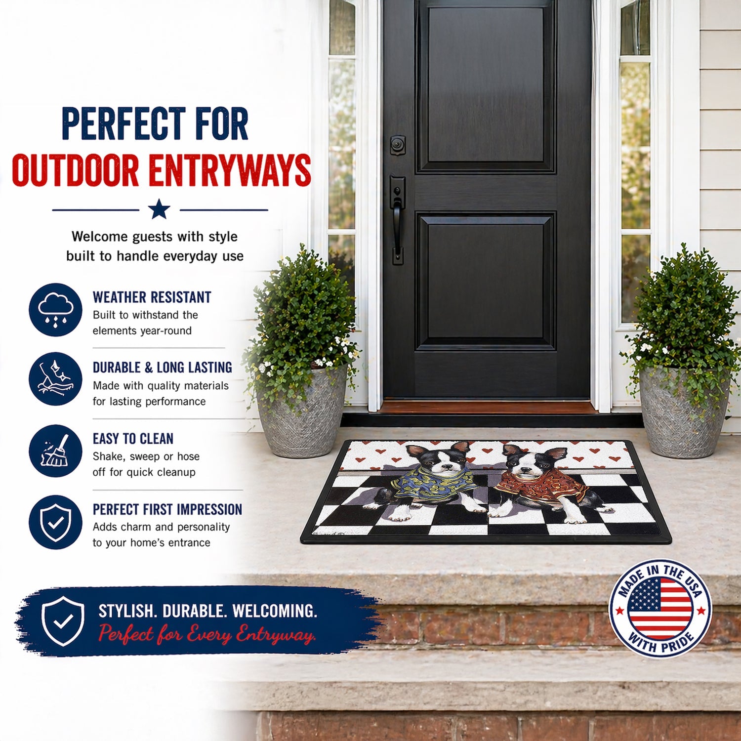 Boston Terrier Puppy Love Doormat Indoor Outdoor 24H X 36W Front Door Mat Rugs for Entryway, Non Slip Washable Low Pile,