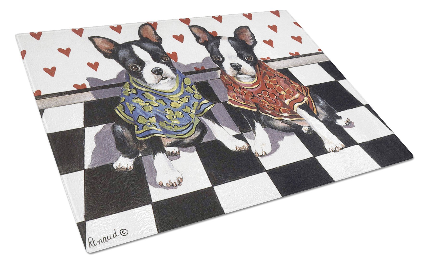 Boston Terrier Puppy Love Cutting Board Tempered Glass Kitchen Cutting Surface, Heat Resistant Chopping, Non-Slip Feet, Food Prep & Serving