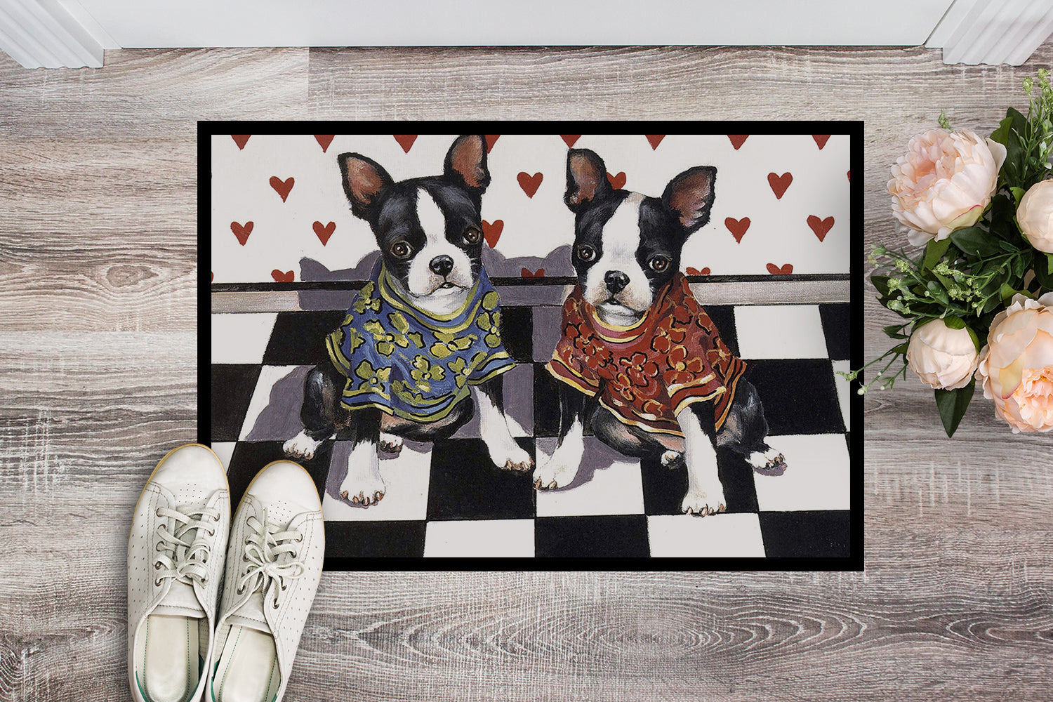 Boston Terrier Puppy Love Doormat Indoor Outdoor 18H X 27W Front Door Mat Rugs for Entryway, Non Slip Washable