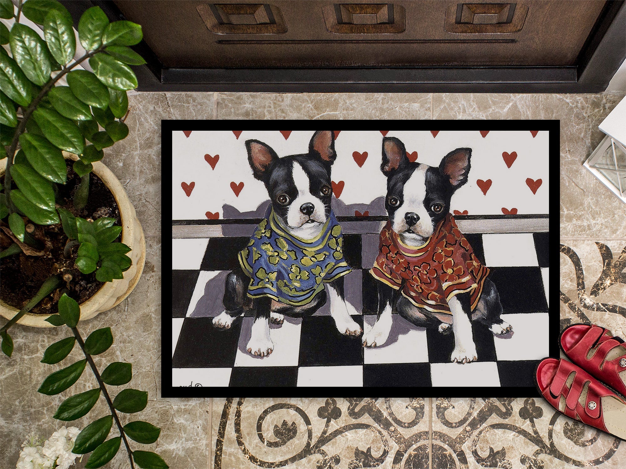 Boston Terrier Puppy Love Doormat Indoor Outdoor 18H X 27W Front Door Mat Rugs for Entryway, Non Slip Washable