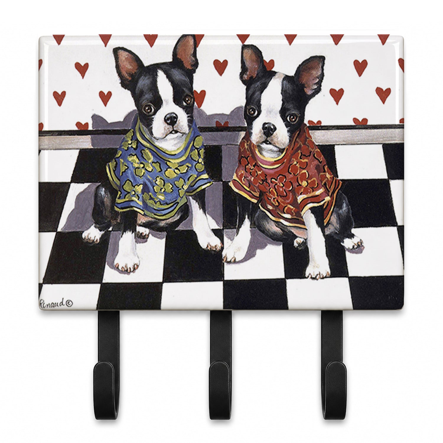 Boston Terrier Puppy Love Leash or Key Holder Wall Hooks, Coat Rack Wall Mount, for Hanging Keys, Towels, Aprons, Leashes