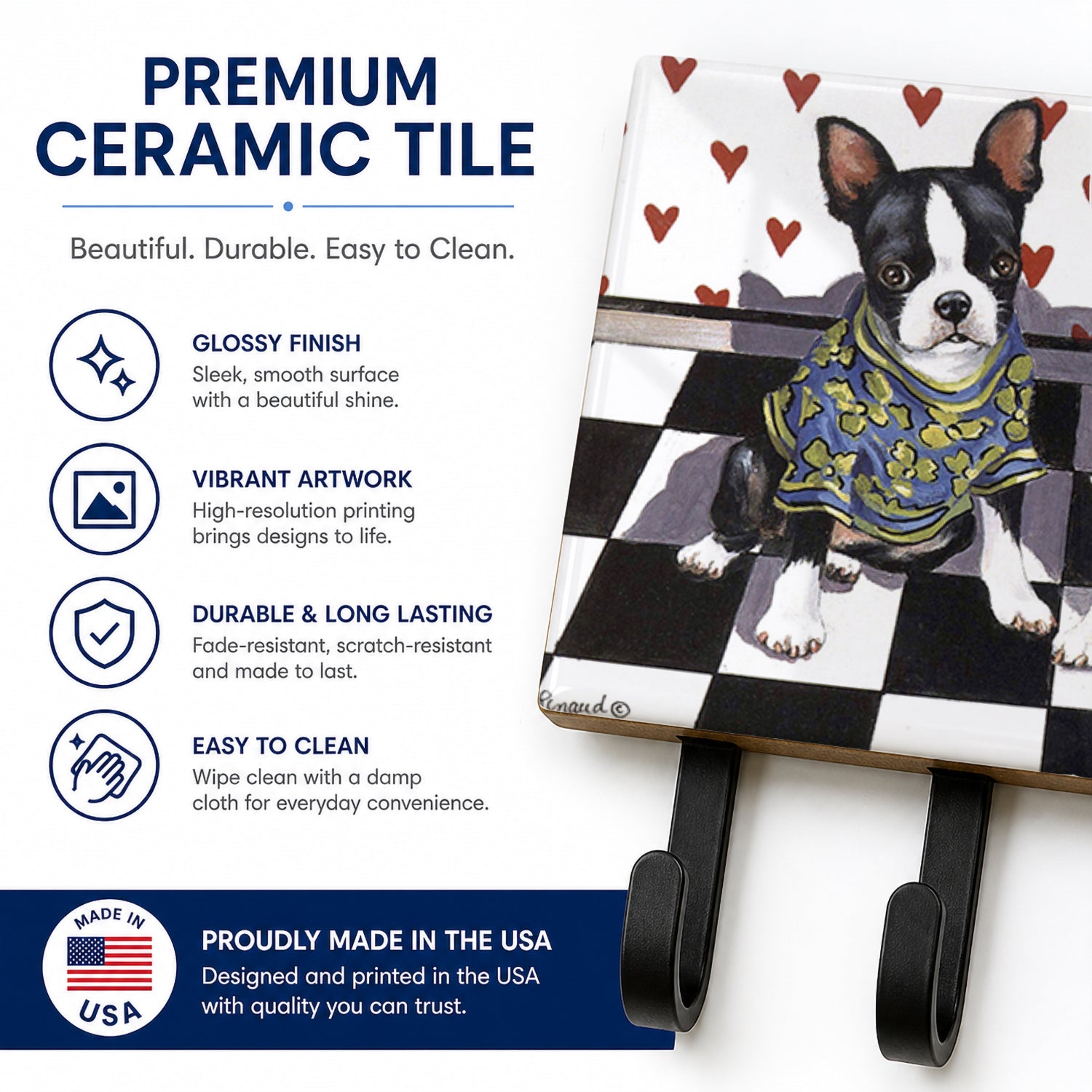 Boston Terrier Puppy Love Leash or Key Holder Wall Hooks, Coat Rack Wall Mount, for Hanging Keys, Towels, Aprons, Leashes