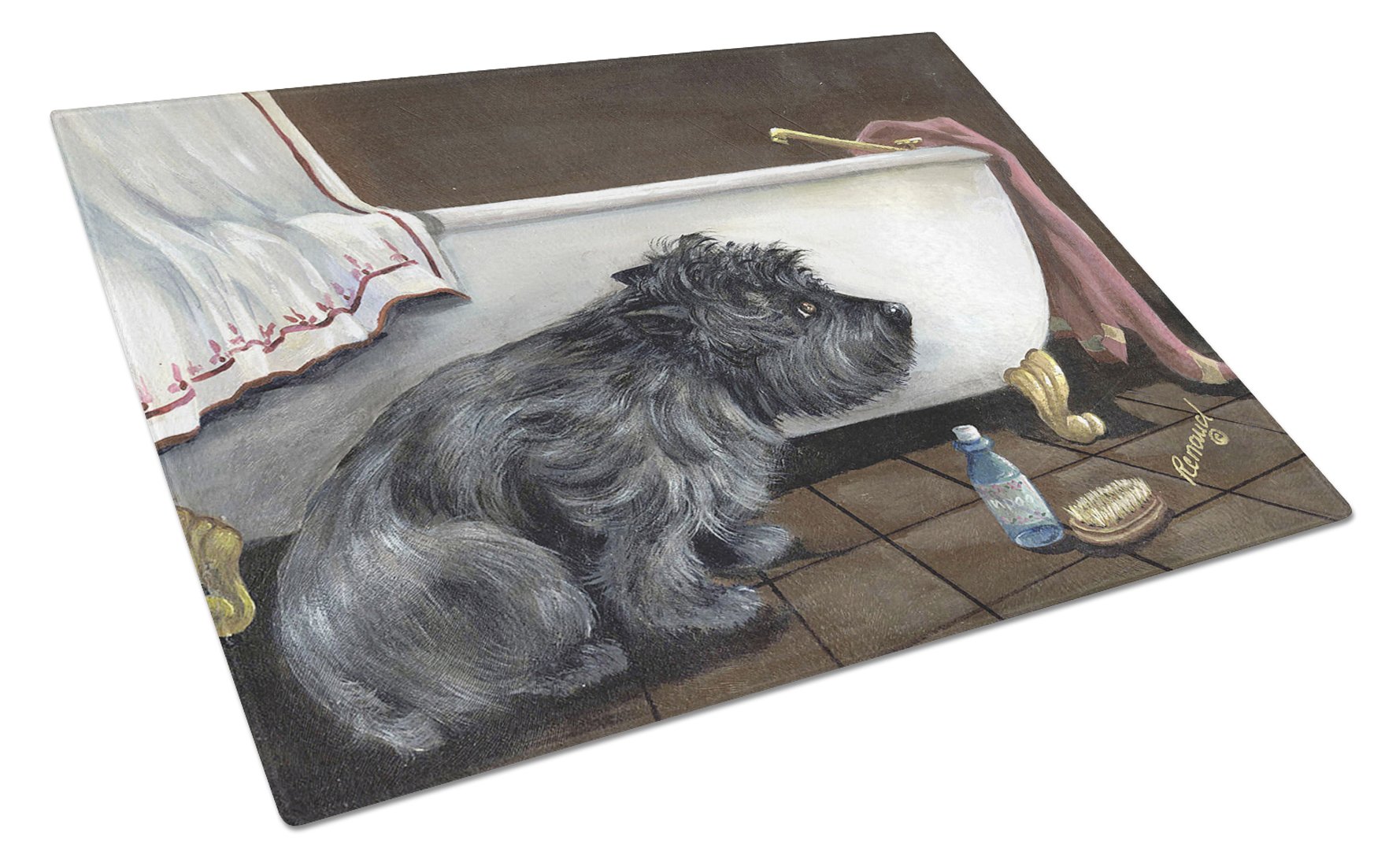 Cairn Terrier Bath Time Cutting Board Tempered Glass Kitchen Cutting Surface, Heat Resistant Chopping, Non-Slip Feet, Food Prep & Serving