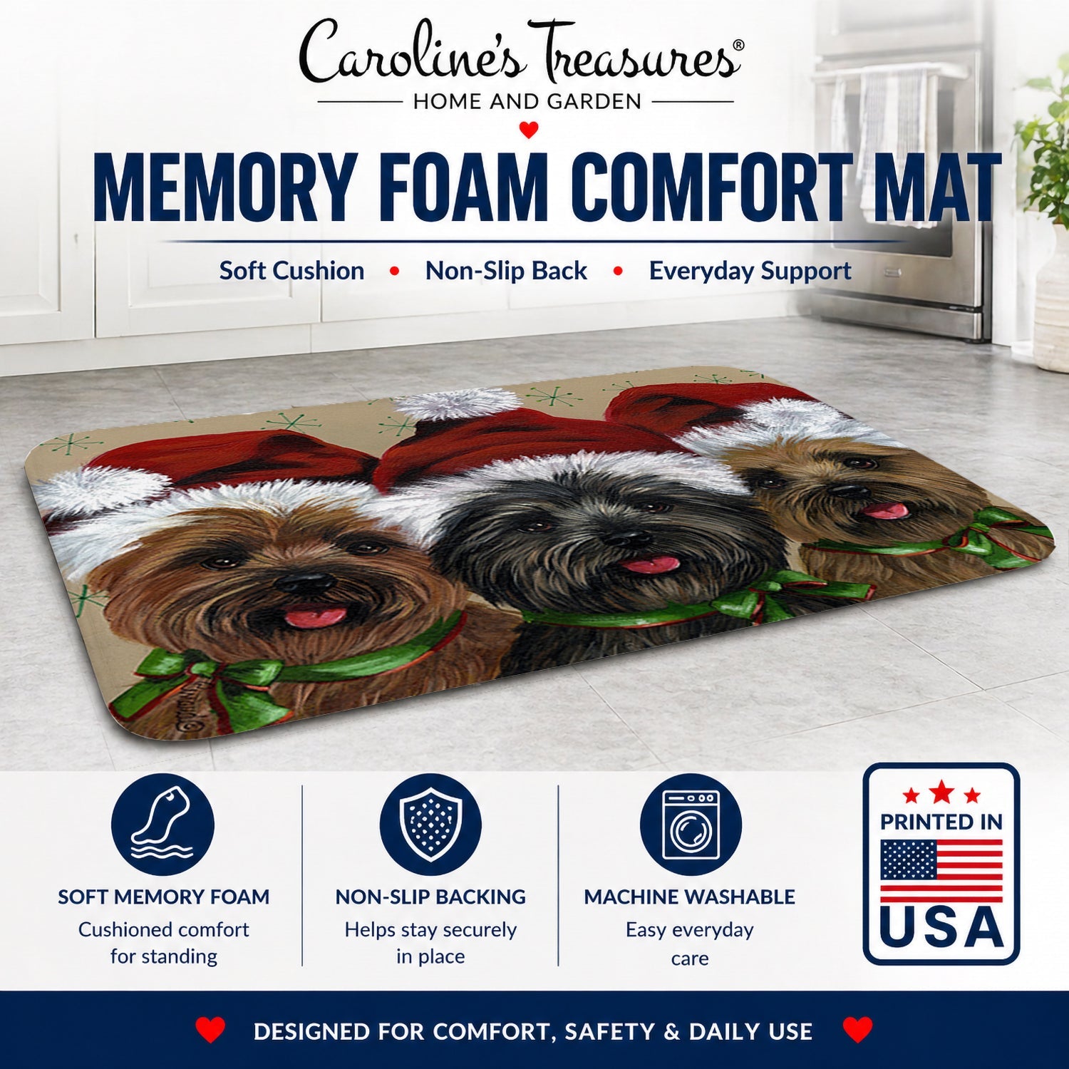 Cairn Terrier Christmas Ceaser and Co Memory Foam Kitchen Mat Machine Washable Anti-Fatigue Cushion Comfort Bath or Kitchen Rug