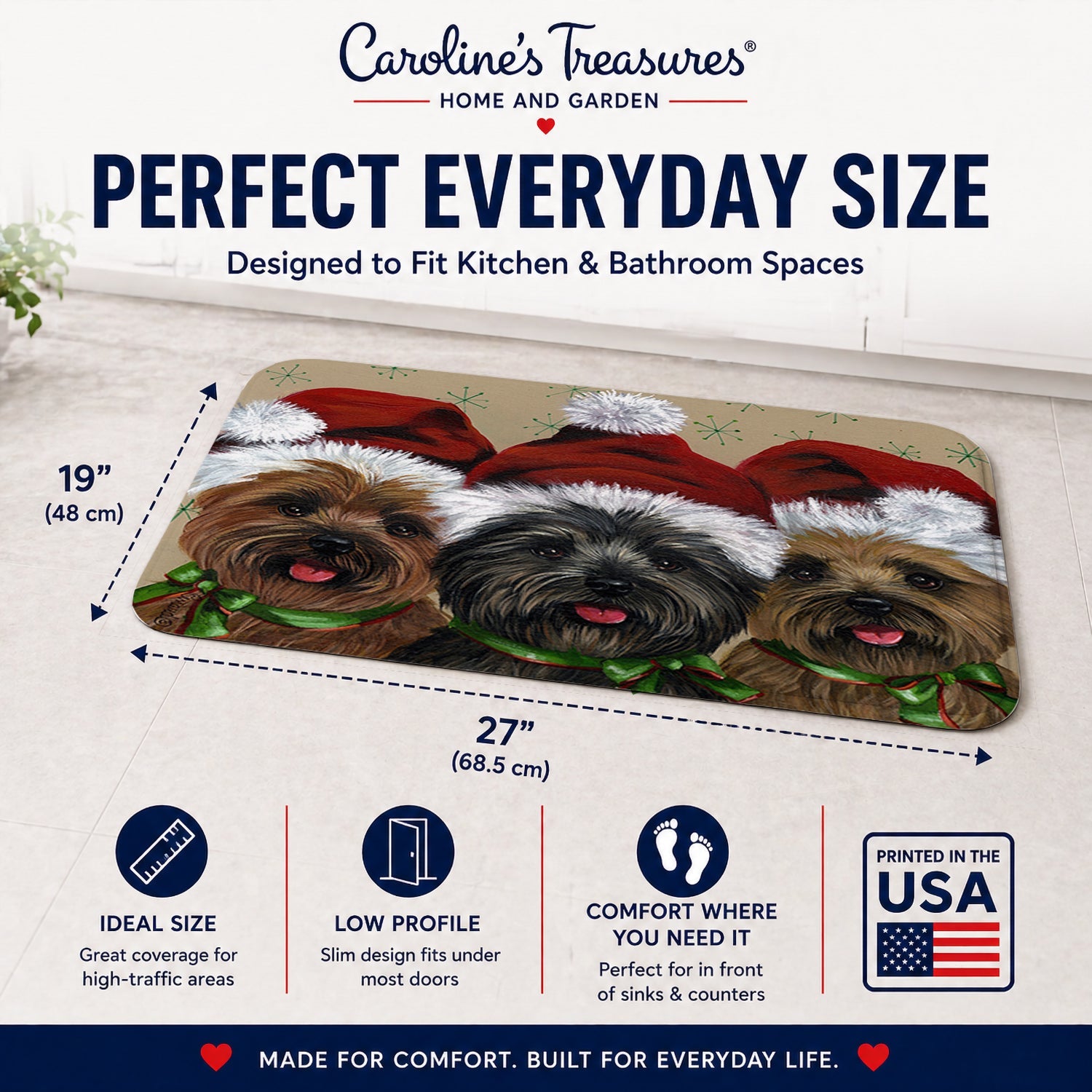Cairn Terrier Christmas Ceaser and Co Memory Foam Kitchen Mat Machine Washable Anti-Fatigue Cushion Comfort Bath or Kitchen Rug