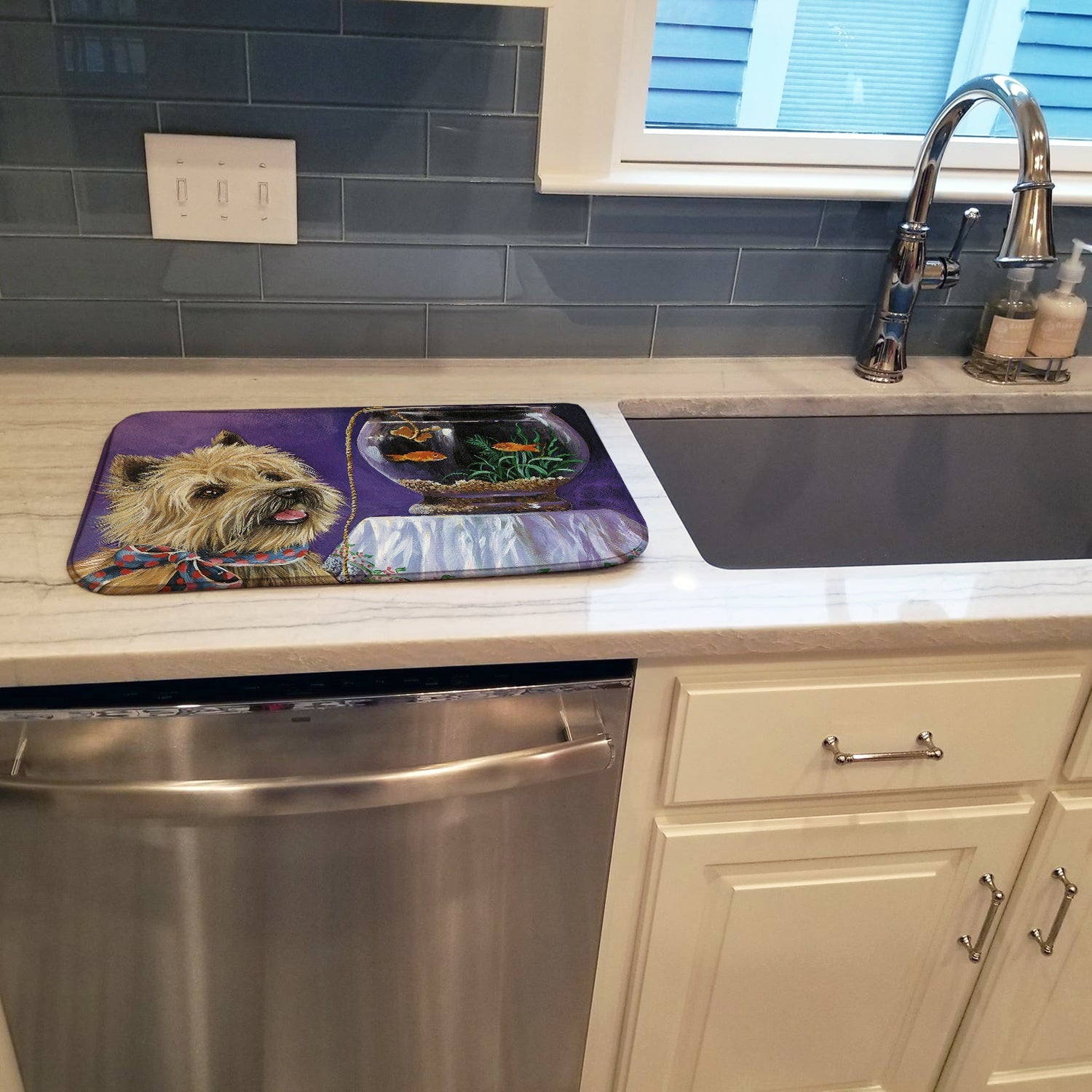 Cairn Terrier Gone Fishing Dish Drying Mat Absorbent Dish Drying Mat Pad for Kitchen Counter Dish Drainer Mat for Countertop, 14 x 21", Multicolor