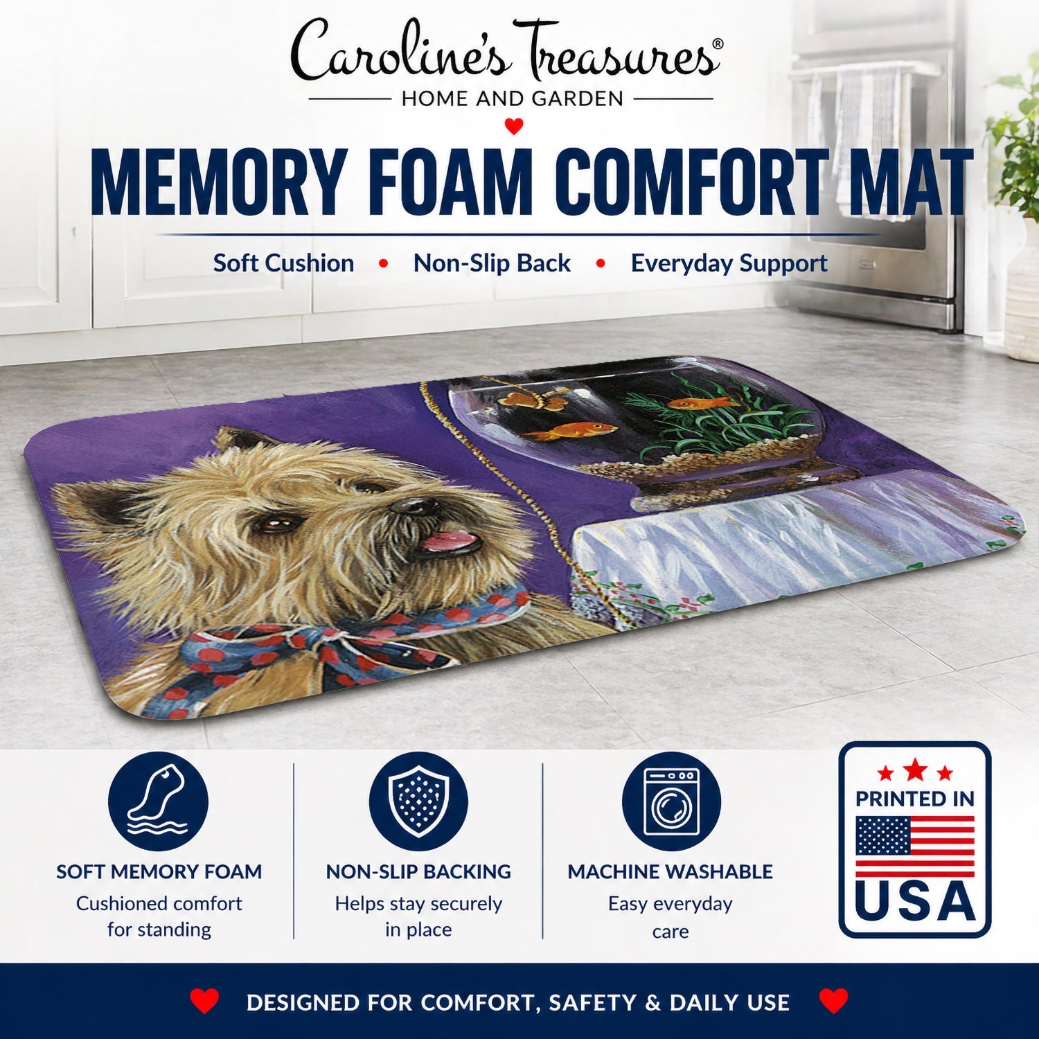 Cairn Terrier Gone Fishing Memory Foam Kitchen Mat Machine Washable Anti-Fatigue Cushion Comfort Bath or Kitchen Rug
