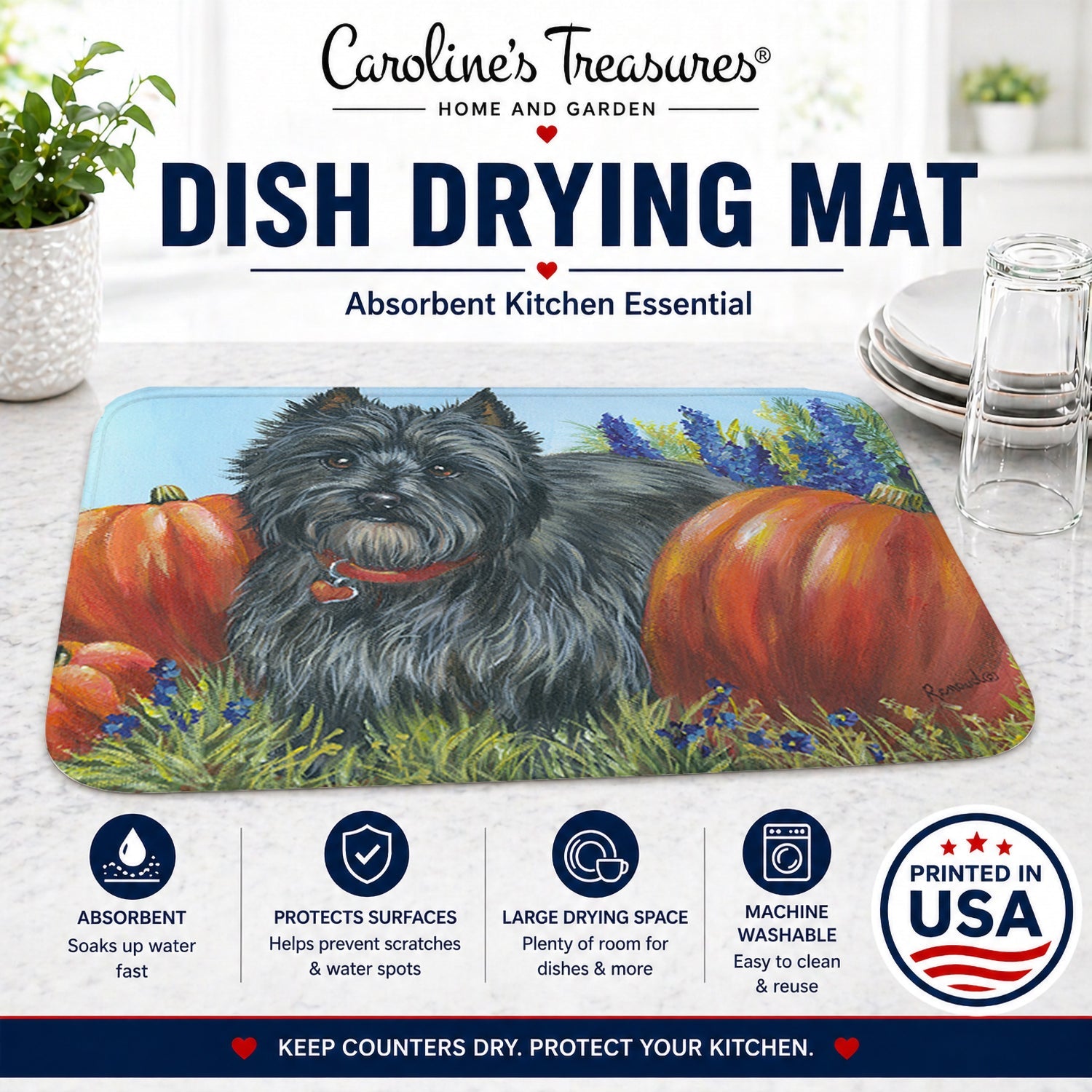 Cairn Terrier Mom's Pumpkins Dish Drying Mat Absorbent Dish Drying Mat Pad for Kitchen Counter Dish Drainer Mat for Countertop, 14 x 21", Multicolor