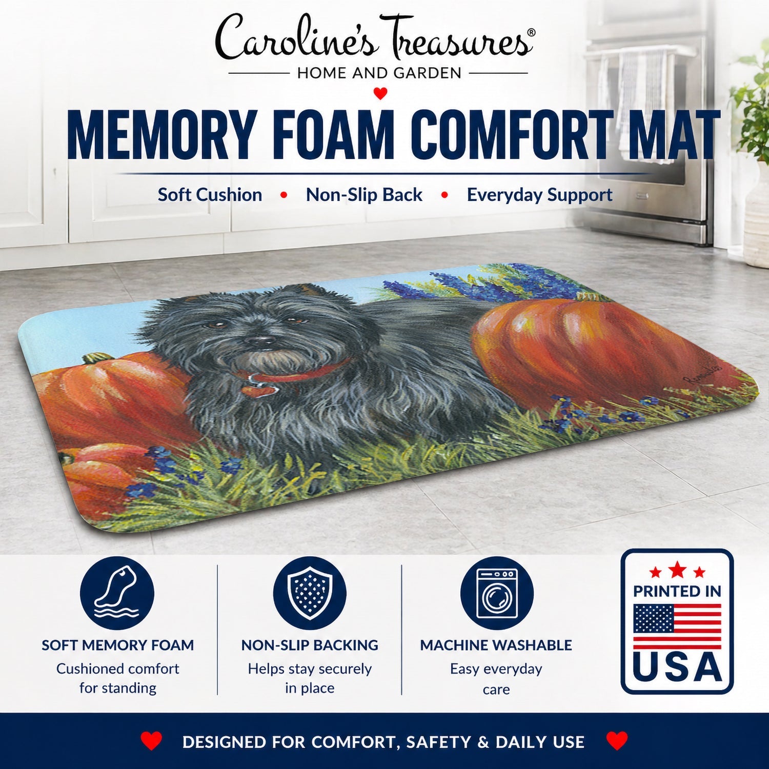 Cairn Terrier Mom's Pumpkins Memory Foam Kitchen Mat Machine Washable Anti-Fatigue Cushion Comfort Bath or Kitchen Rug