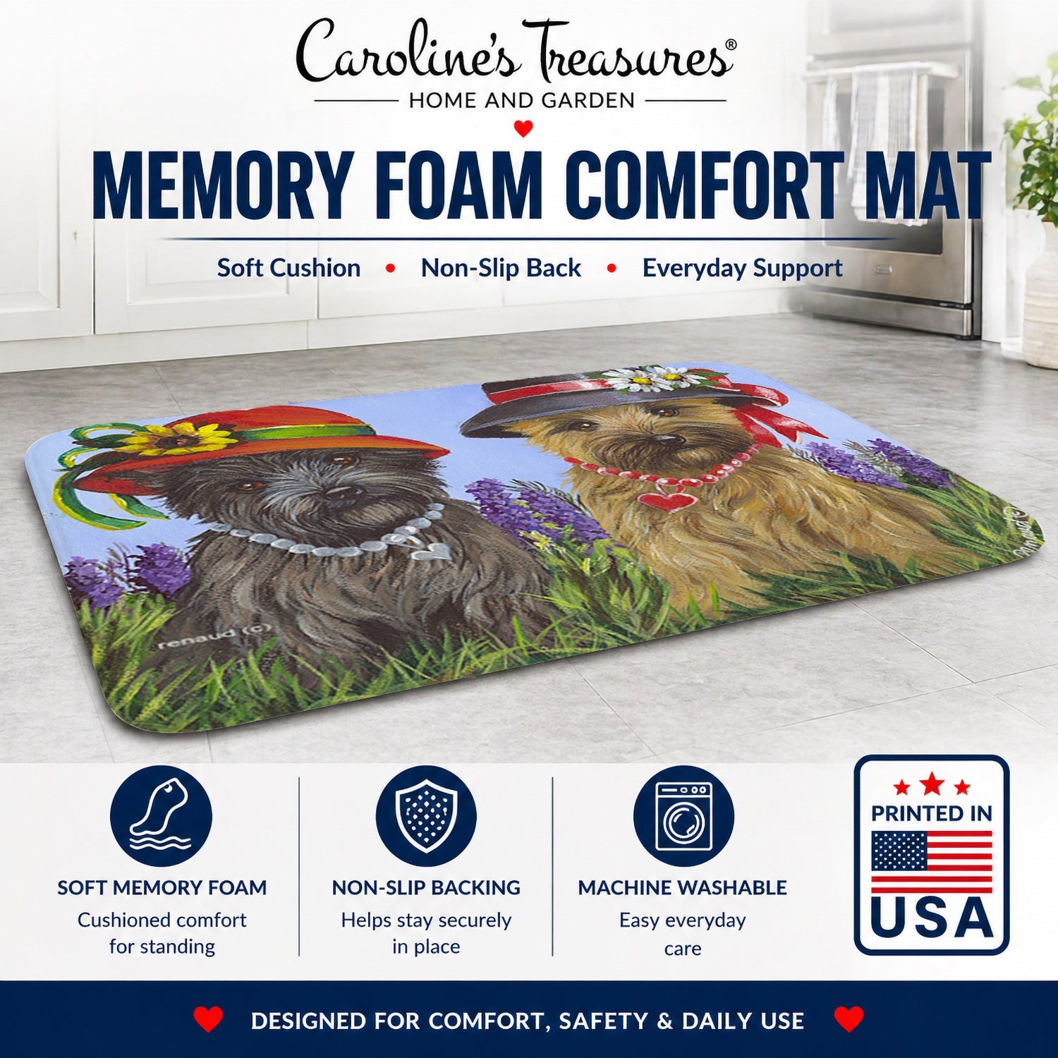 Cairn Terrier Sisters Memory Foam Kitchen Mat Machine Washable Anti-Fatigue Cushion Comfort Bath or Kitchen Rug
