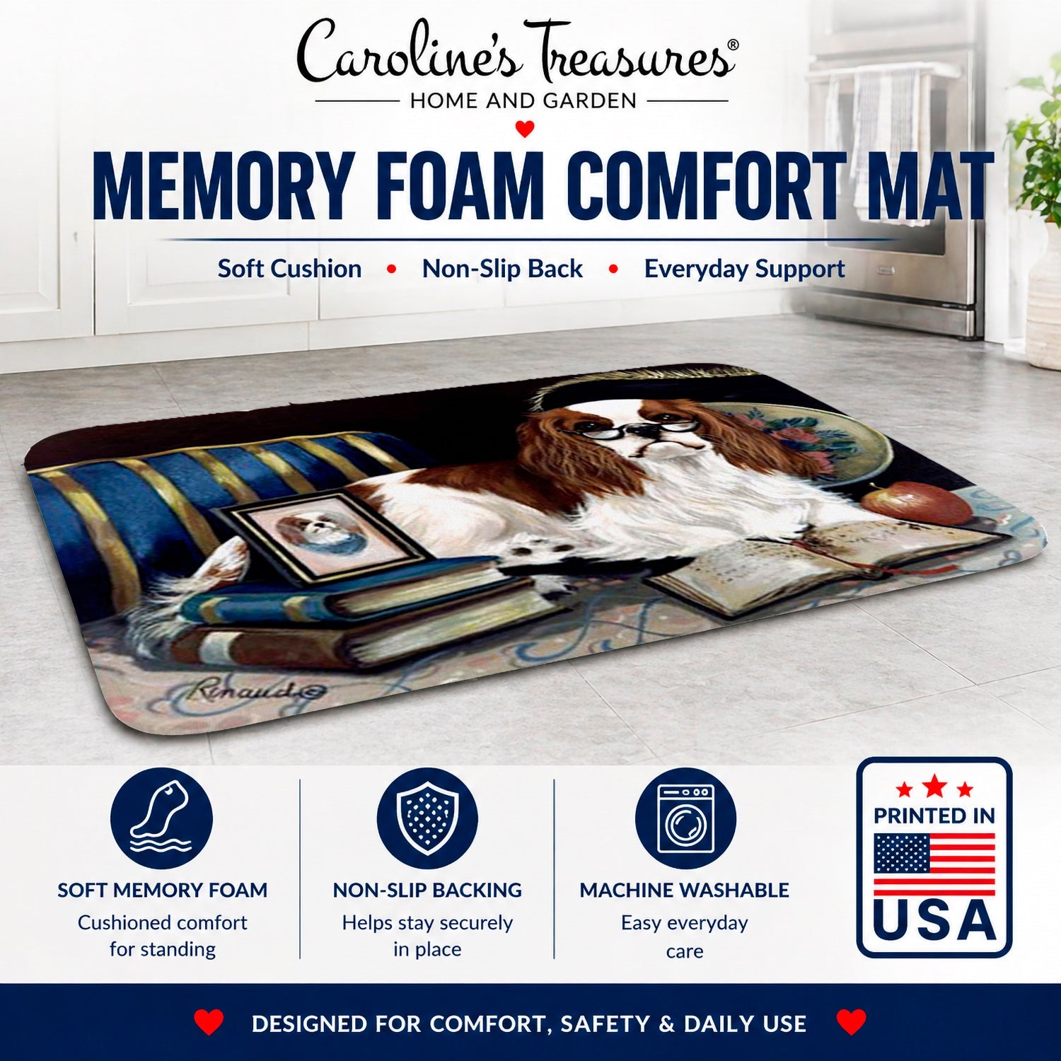Cavalier Spaniel Perfect Student Memory Foam Kitchen Mat Machine Washable Anti-Fatigue Cushion Comfort Bath or Kitchen Rug