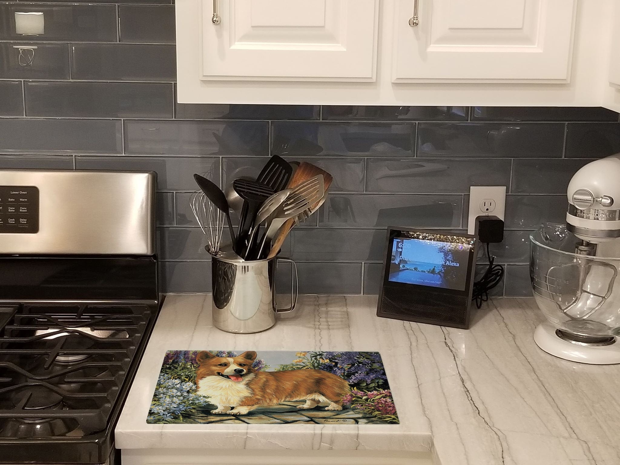 Corgi Garden Georgi Cutting Board Tempered Glass Kitchen Cutting Surface, Heat Resistant Chopping, Non-Slip Feet, Food Prep & Serving
