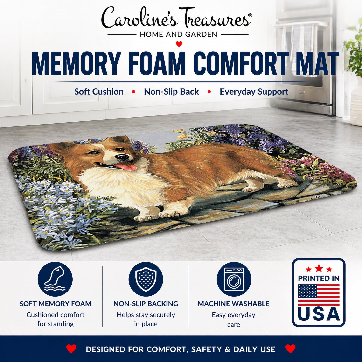 Corgi Garden Georgi Memory Foam Kitchen Mat Machine Washable Anti-Fatigue Cushion Comfort Bath or Kitchen Rug