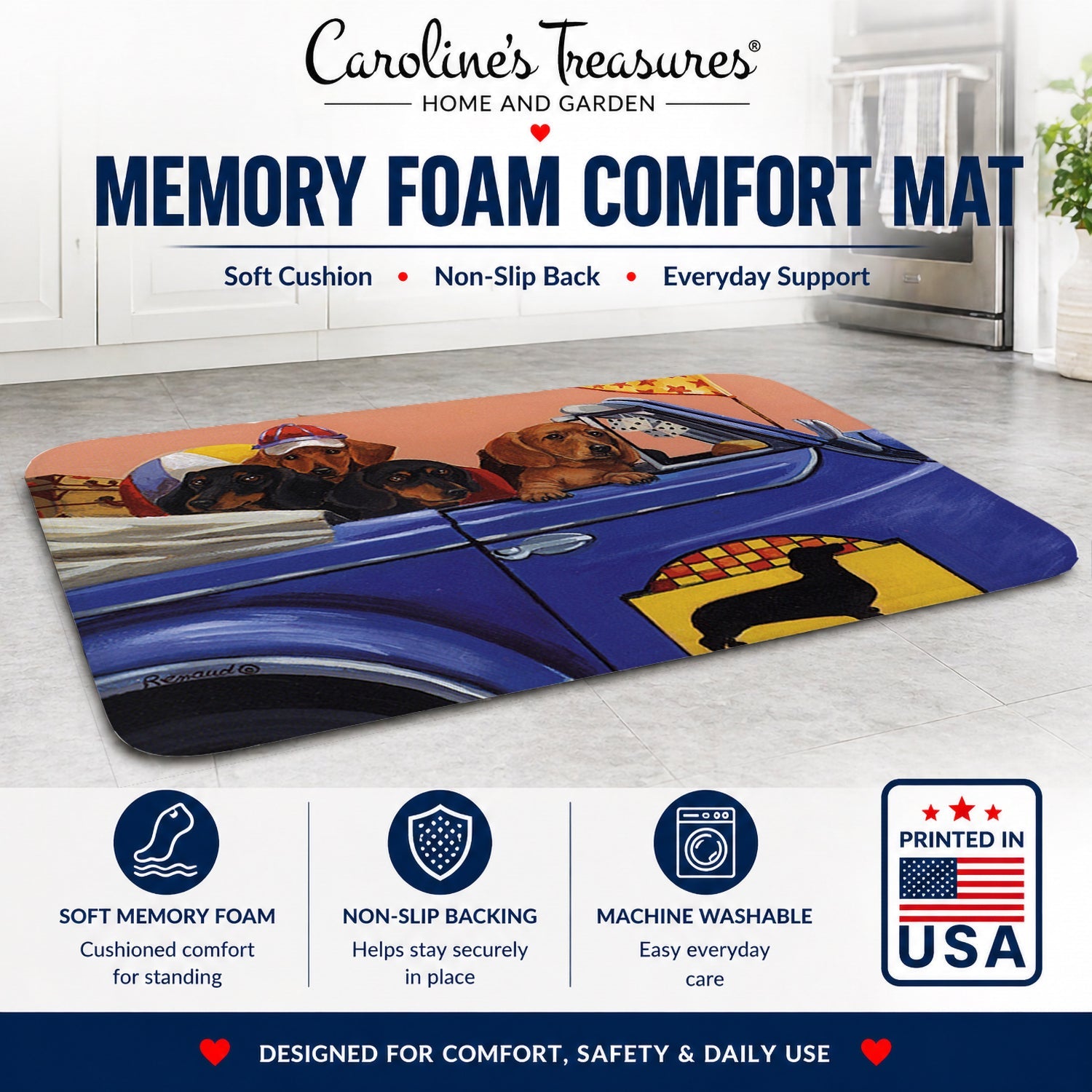 Dachshund Dachsmobile Memory Foam Kitchen Mat Machine Washable Anti-Fatigue Cushion Comfort Bath or Kitchen Rug