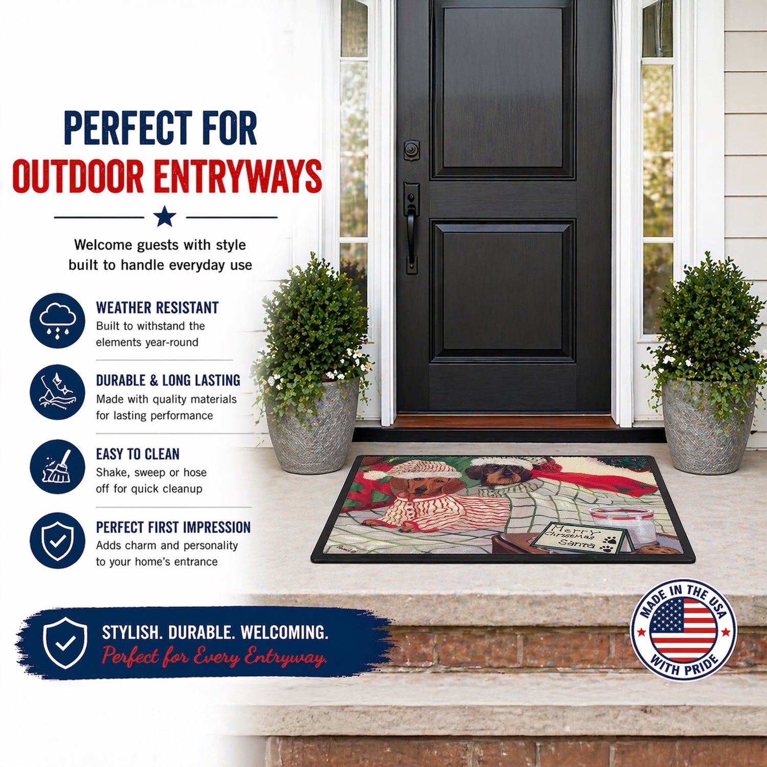 Dachshund Christmas Waiting for Santa Doormat Indoor Outdoor 24H X 36W Front Door Mat Rugs for Entryway, Non Slip Washable Low Pile,