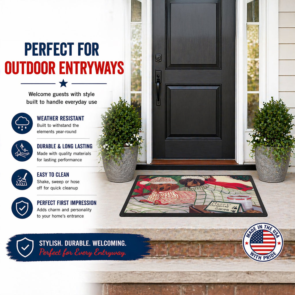 Dachshund Christmas Waiting for Santa Doormat Indoor Outdoor 18H X 27W Front Door Mat Rugs for Entryway, Non Slip Washable