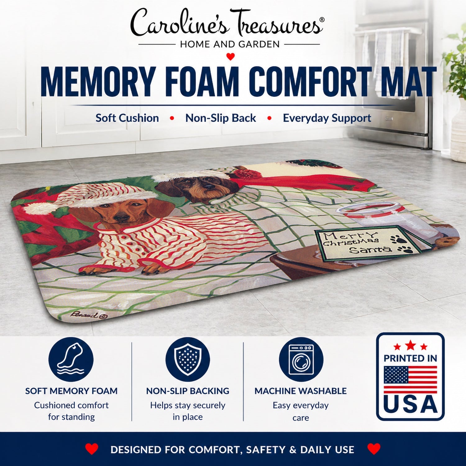Dachshund Christmas Waiting for Santa Memory Foam Kitchen Mat Machine Washable Anti-Fatigue Cushion Comfort Bath or Kitchen Rug