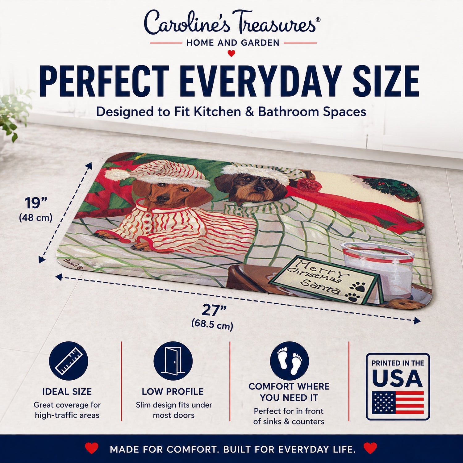 Dachshund Christmas Waiting for Santa Memory Foam Kitchen Mat Machine Washable Anti-Fatigue Cushion Comfort Bath or Kitchen Rug