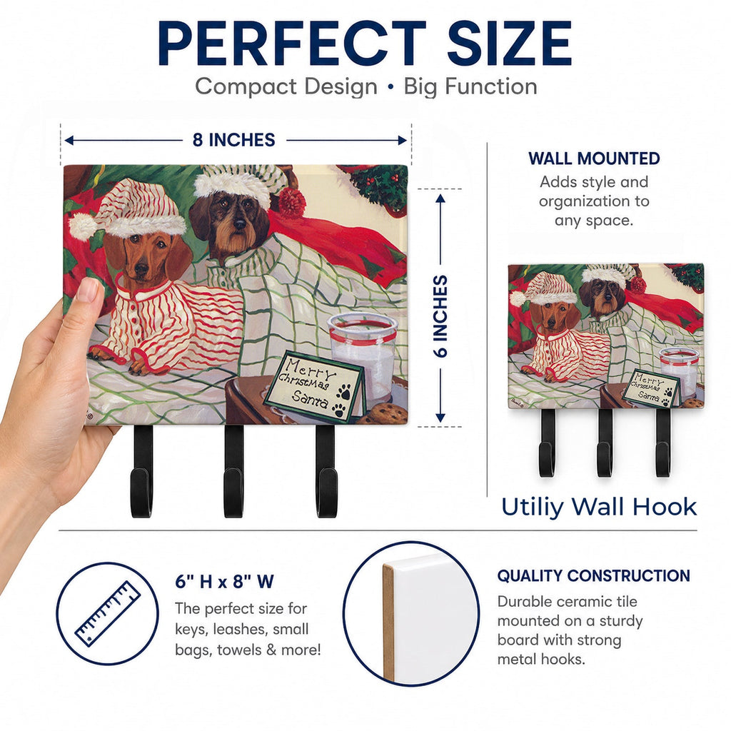 Dachshund Christmas Waiting for Santa Leash or Key Holder Wall Hooks, Coat Rack Wall Mount, for Hanging Keys, Towels, Aprons, Leashes