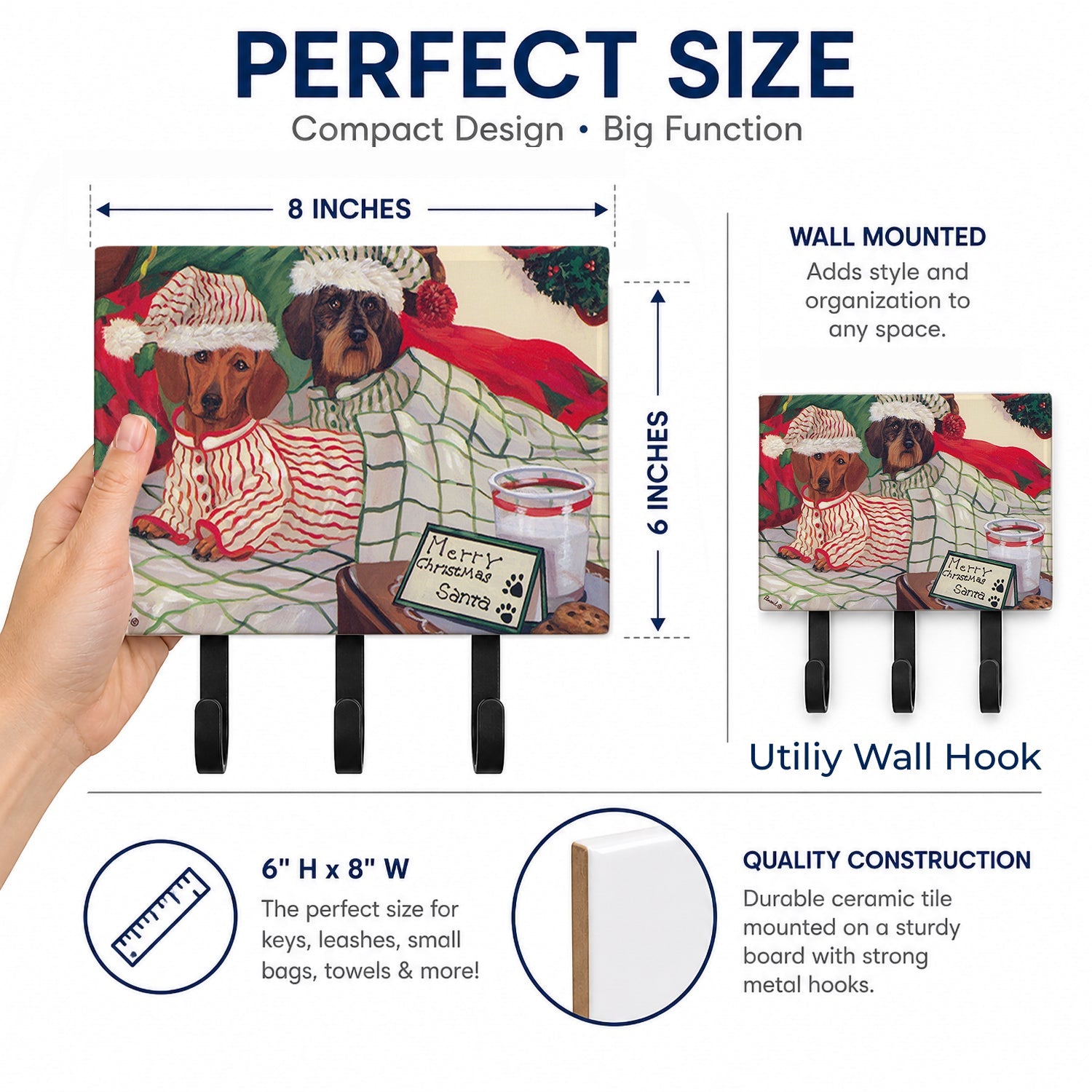 Dachshund Christmas Waiting for Santa Leash or Key Holder Wall Hooks, Coat Rack Wall Mount, for Hanging Keys, Towels, Aprons, Leashes