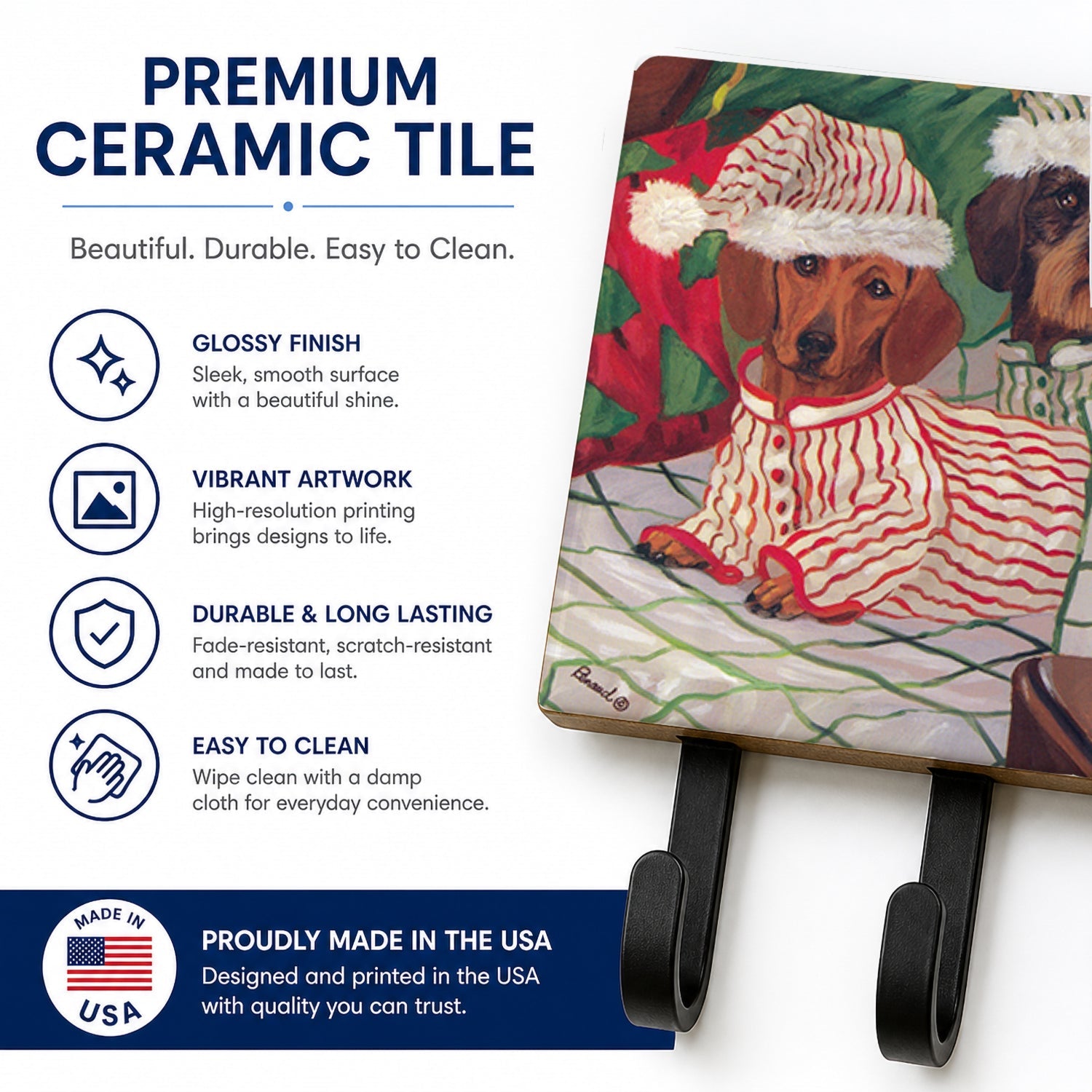 Dachshund Christmas Waiting for Santa Leash or Key Holder Wall Hooks, Coat Rack Wall Mount, for Hanging Keys, Towels, Aprons, Leashes