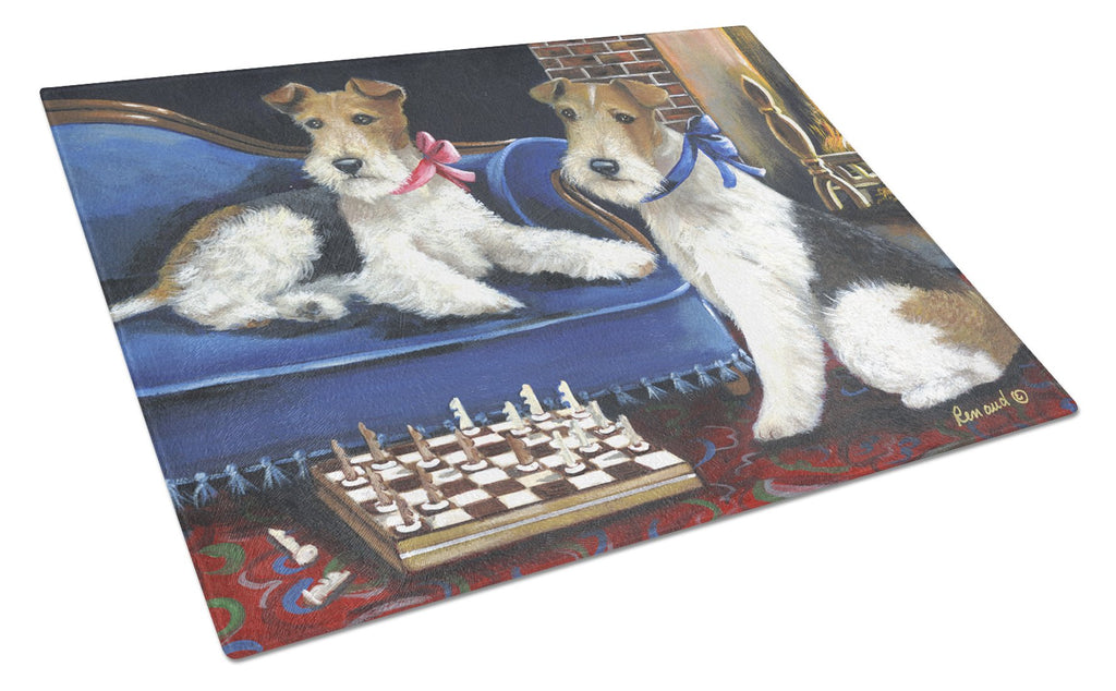Fox Terrier Checkmates Cutting Board Tempered Glass Kitchen Cutting Surface, Heat Resistant Chopping, Non-Slip Feet, Food Prep & Serving