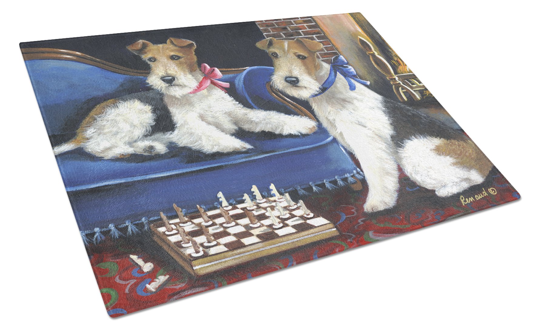 Fox Terrier Checkmates Cutting Board Tempered Glass Kitchen Cutting Surface, Heat Resistant Chopping, Non-Slip Feet, Food Prep & Serving