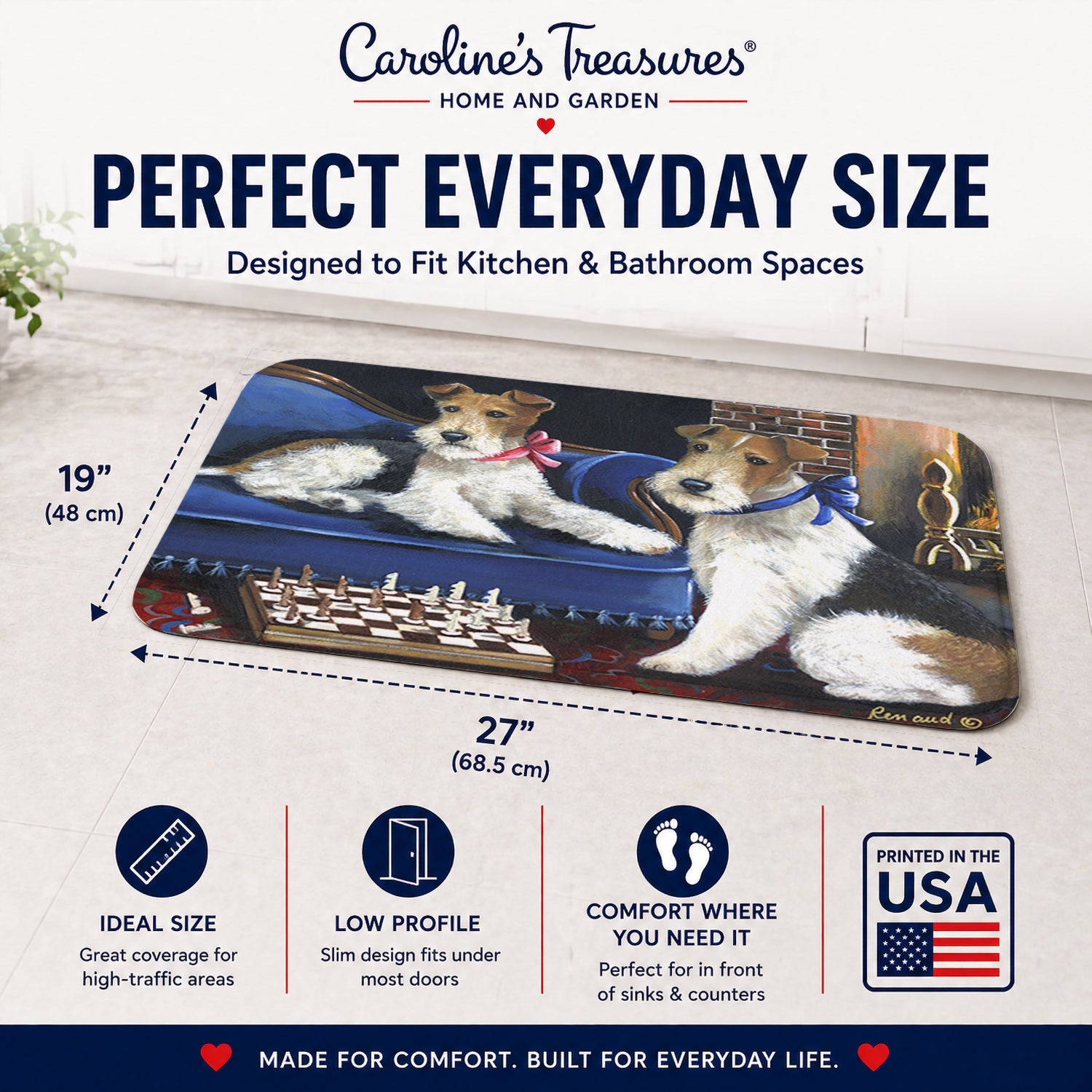 Fox Terrier Checkmates Memory Foam Kitchen Mat Machine Washable Anti-Fatigue Cushion Comfort Bath or Kitchen Rug