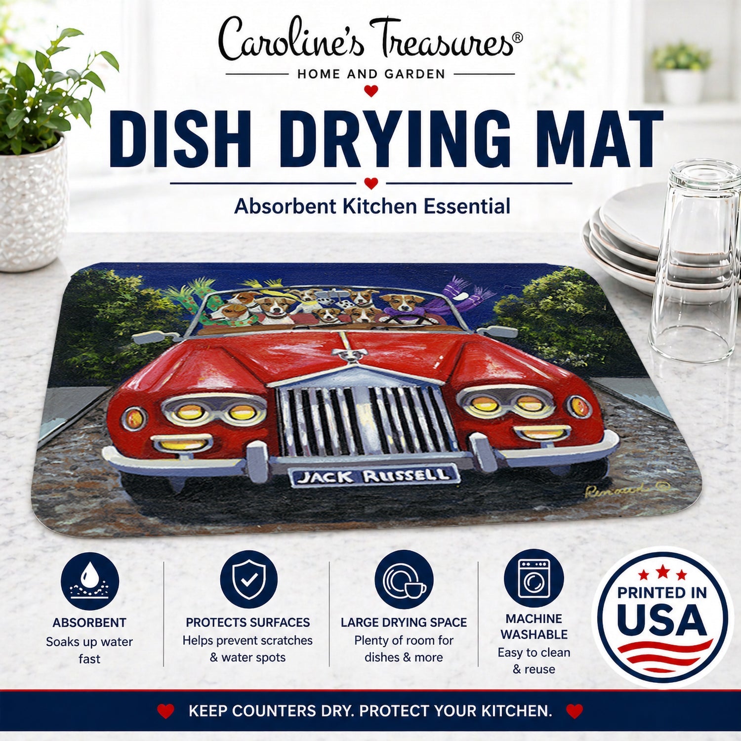 Jack Russell Evening Cruise Dish Drying Mat Absorbent Dish Drying Mat Pad for Kitchen Counter Dish Drainer Mat for Countertop, 14 x 21", Multicolor