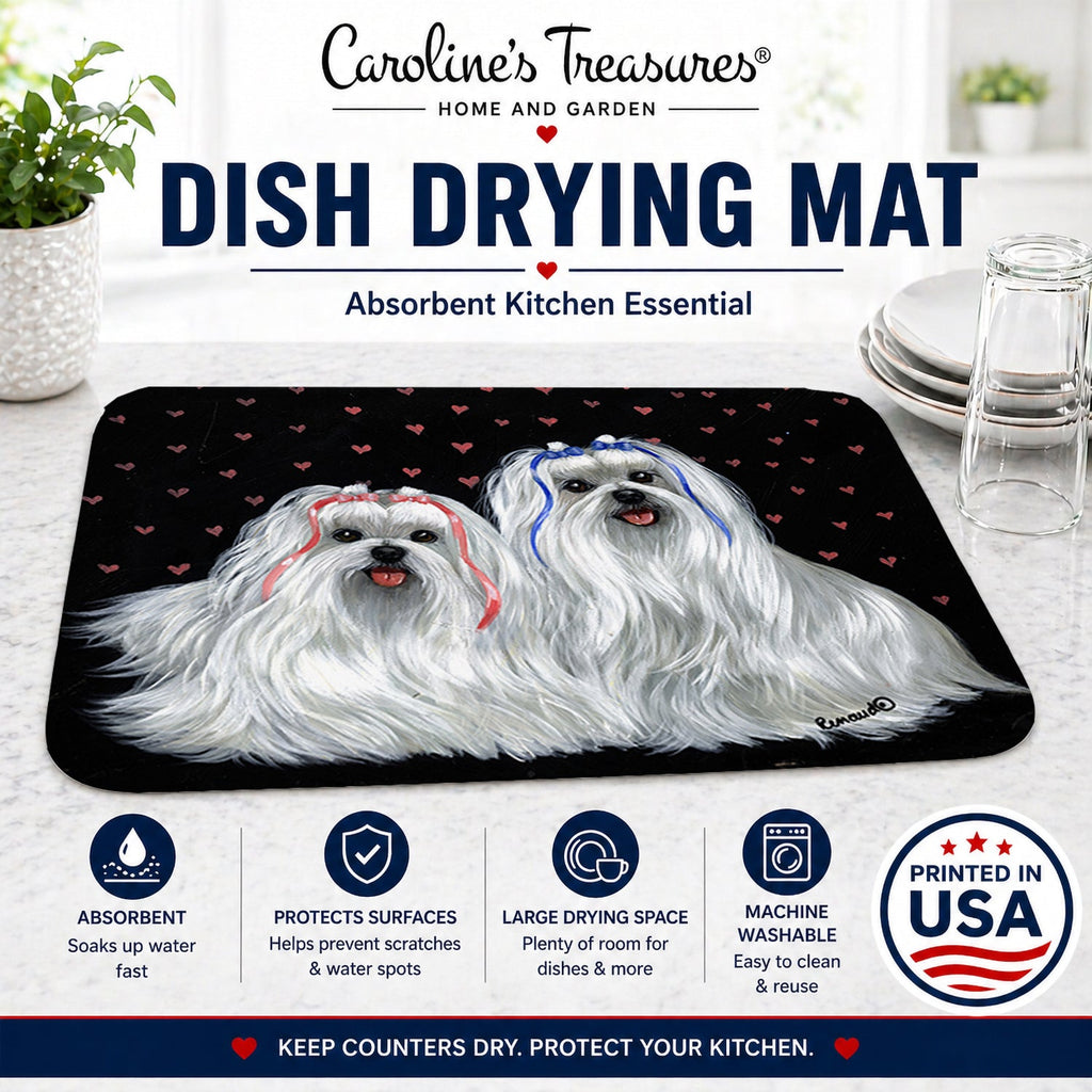 Maltese Sweethearts Dish Drying Mat Absorbent Dish Drying Mat Pad for Kitchen Counter Dish Drainer Mat for Countertop, 14 x 21", Multicolor
