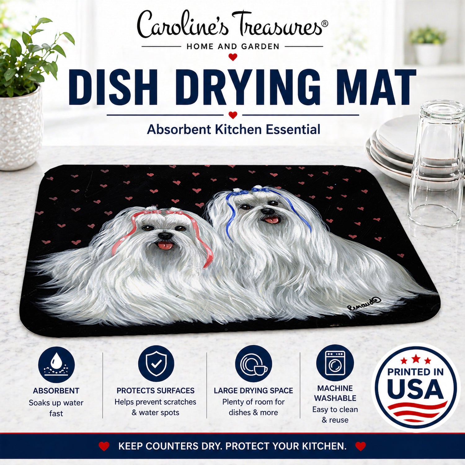 Maltese Sweethearts Dish Drying Mat Absorbent Dish Drying Mat Pad for Kitchen Counter Dish Drainer Mat for Countertop, 14 x 21", Multicolor