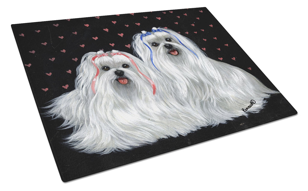 Maltese Sweethearts Cutting Board Tempered Glass Kitchen Cutting Surface, Heat Resistant Chopping, Non-Slip Feet, Food Prep & Serving