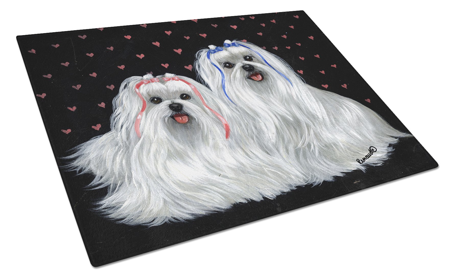 Maltese Sweethearts Cutting Board Tempered Glass Kitchen Cutting Surface, Heat Resistant Chopping, Non-Slip Feet, Food Prep & Serving