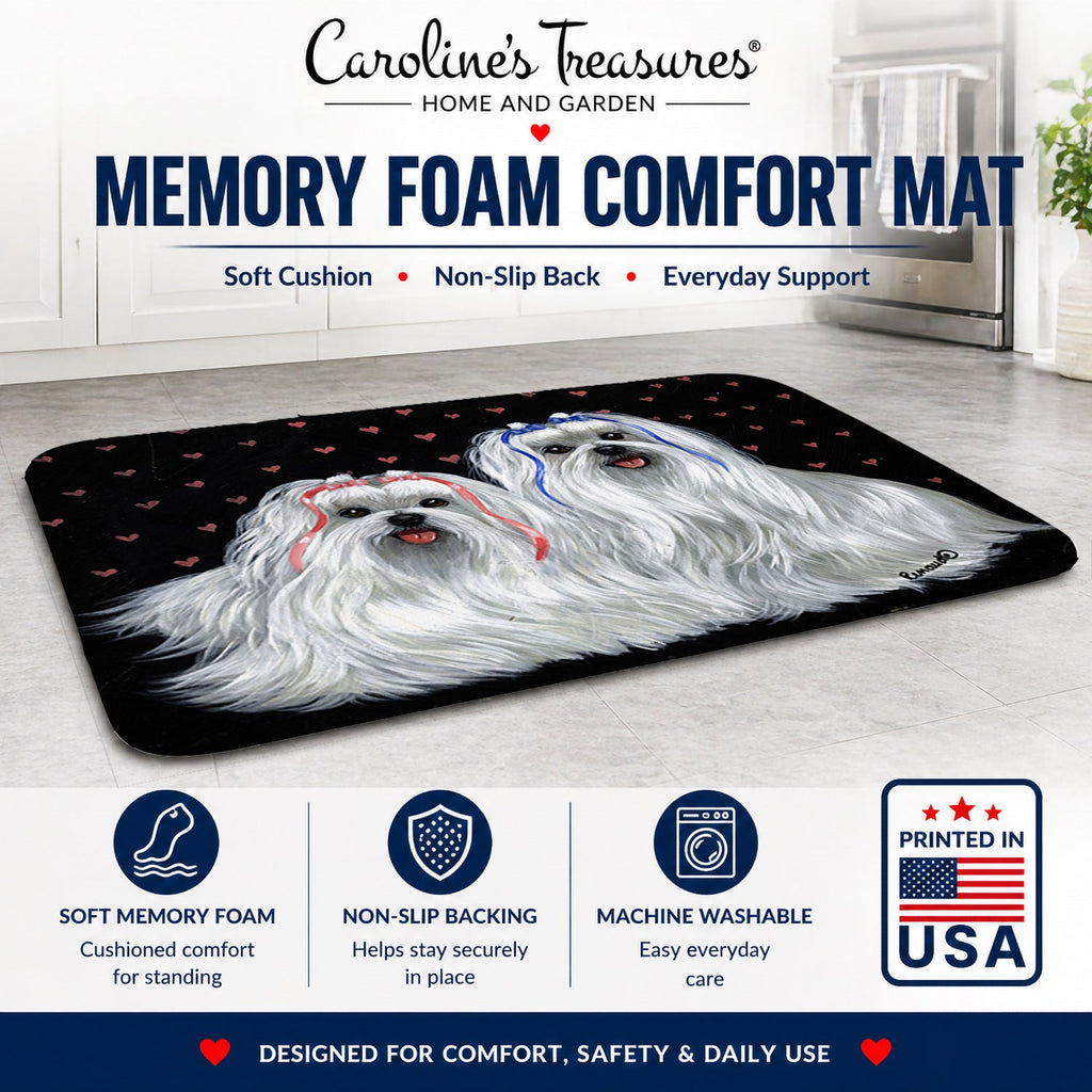 Maltese Sweethearts Memory Foam Kitchen Mat Machine Washable Anti-Fatigue Cushion Comfort Bath or Kitchen Rug