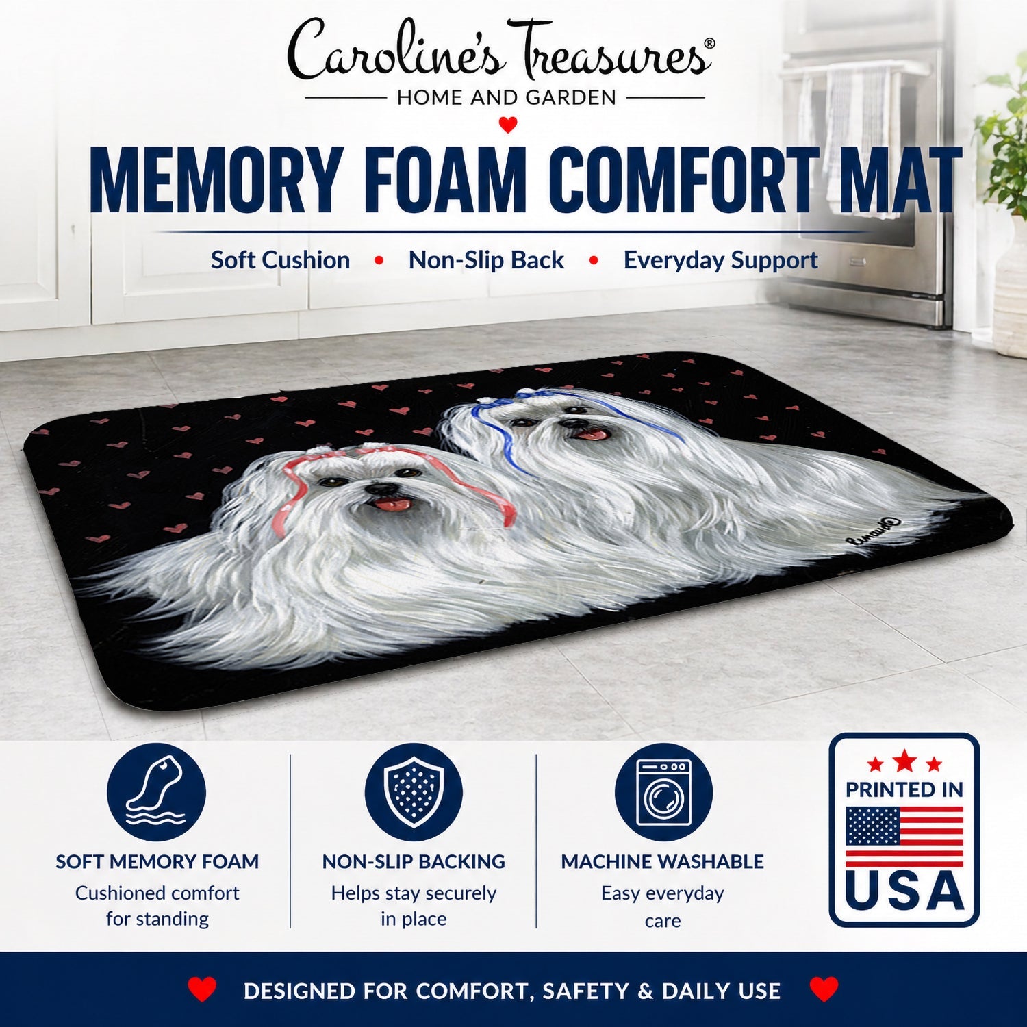 Maltese Sweethearts Memory Foam Kitchen Mat Machine Washable Anti-Fatigue Cushion Comfort Bath or Kitchen Rug