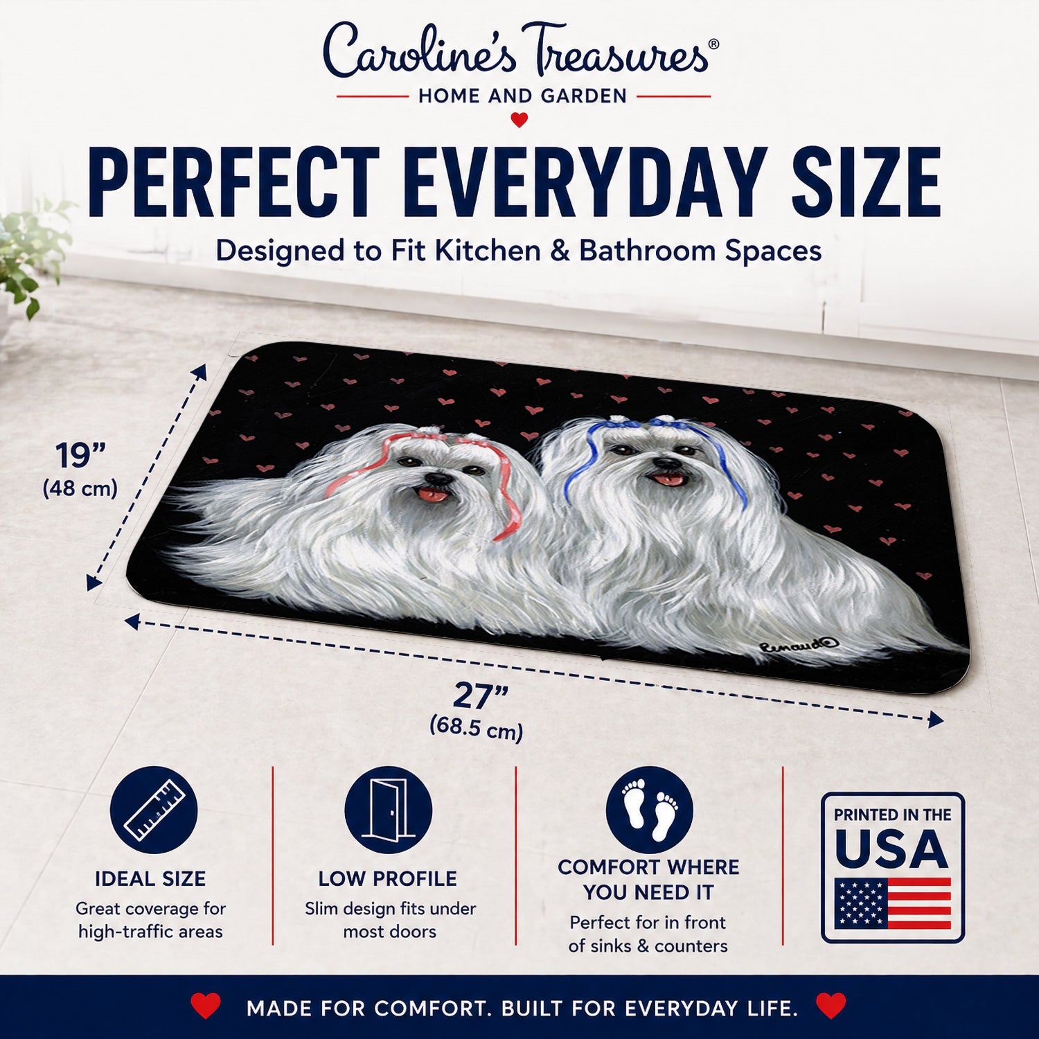 Maltese Sweethearts Memory Foam Kitchen Mat Machine Washable Anti-Fatigue Cushion Comfort Bath or Kitchen Rug