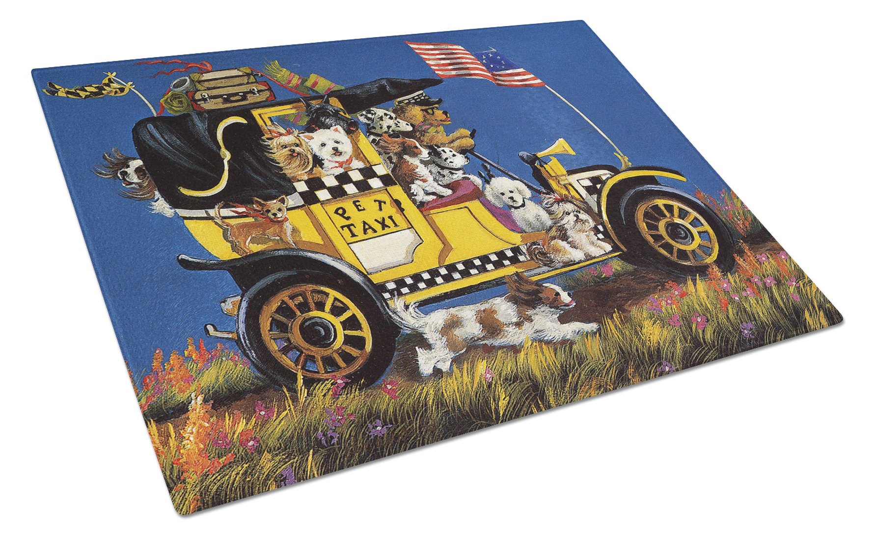 Pet Taxi Multiple Dog Breeds Cutting Board Tempered Glass Kitchen Cutting Surface, Heat Resistant Chopping, Non-Slip Feet, Food Prep & Serving