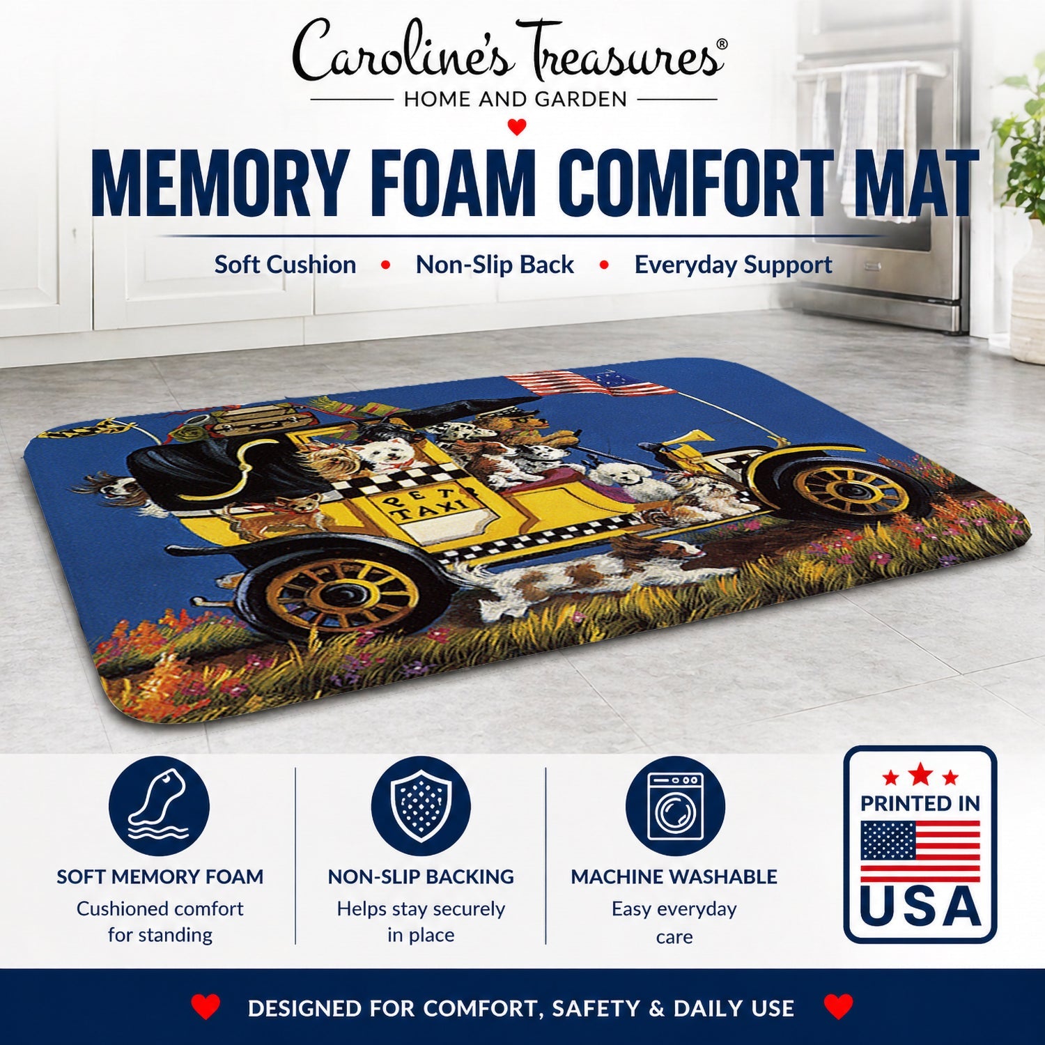 Pet Taxi Multiple Dog Breeds Memory Foam Kitchen Mat Machine Washable Anti-Fatigue Cushion Comfort Bath or Kitchen Rug