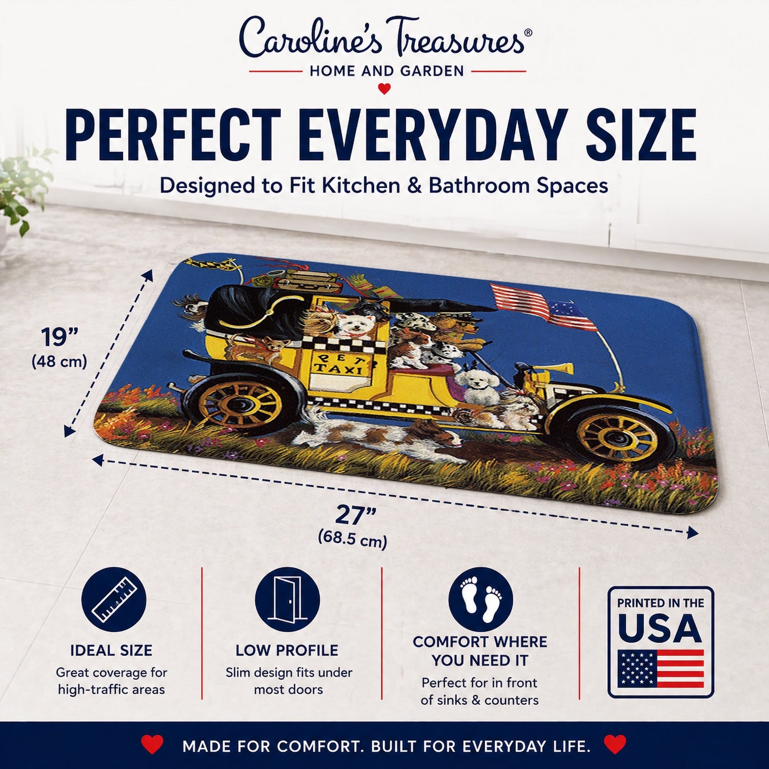 Pet Taxi Multiple Dog Breeds Memory Foam Kitchen Mat Machine Washable Anti-Fatigue Cushion Comfort Bath or Kitchen Rug