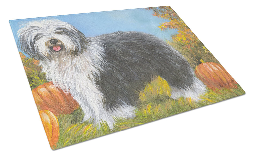 Old English Sheepdog Ocotoberfest Cutting Board Tempered Glass Kitchen Cutting Surface, Heat Resistant Chopping, Non-Slip Feet, Food Prep & Serving