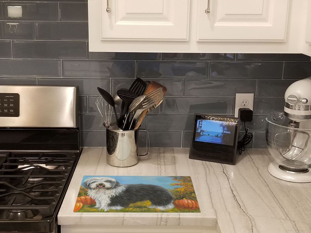 Old English Sheepdog Ocotoberfest Cutting Board Tempered Glass Kitchen Cutting Surface, Heat Resistant Chopping, Non-Slip Feet, Food Prep & Serving