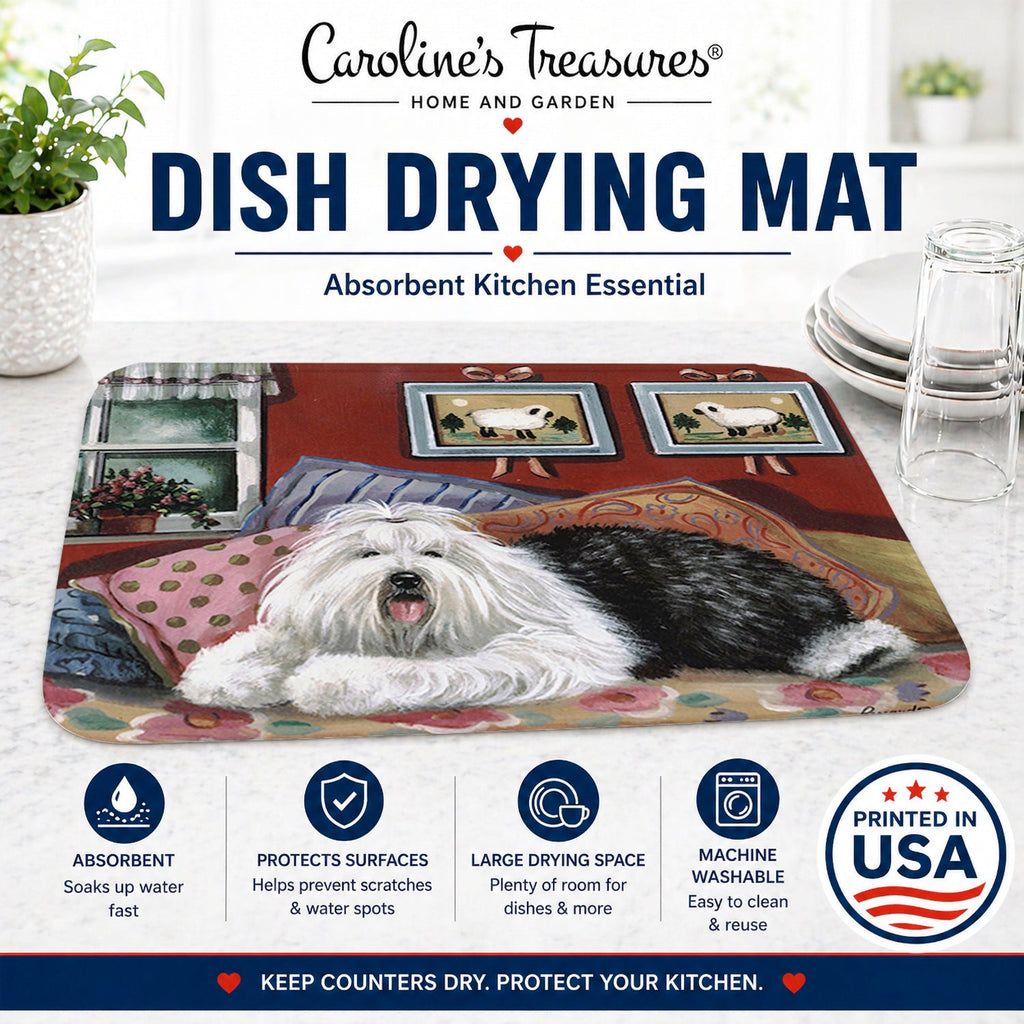 Old English Sheepdog Sweet Dreams Dish Drying Mat Absorbent Dish Drying Mat Pad for Kitchen Counter Dish Drainer Mat for Countertop, 14 x 21", Multicolor