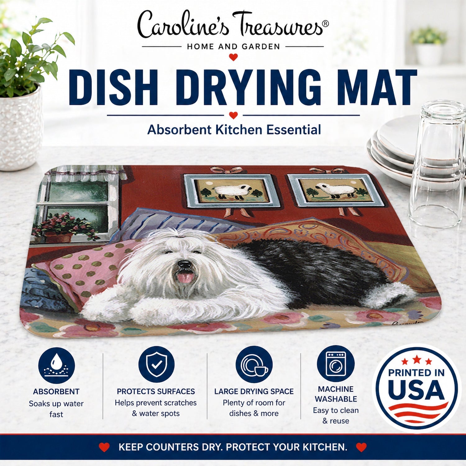 Old English Sheepdog Sweet Dreams Dish Drying Mat Absorbent Dish Drying Mat Pad for Kitchen Counter Dish Drainer Mat for Countertop, 14 x 21", Multicolor