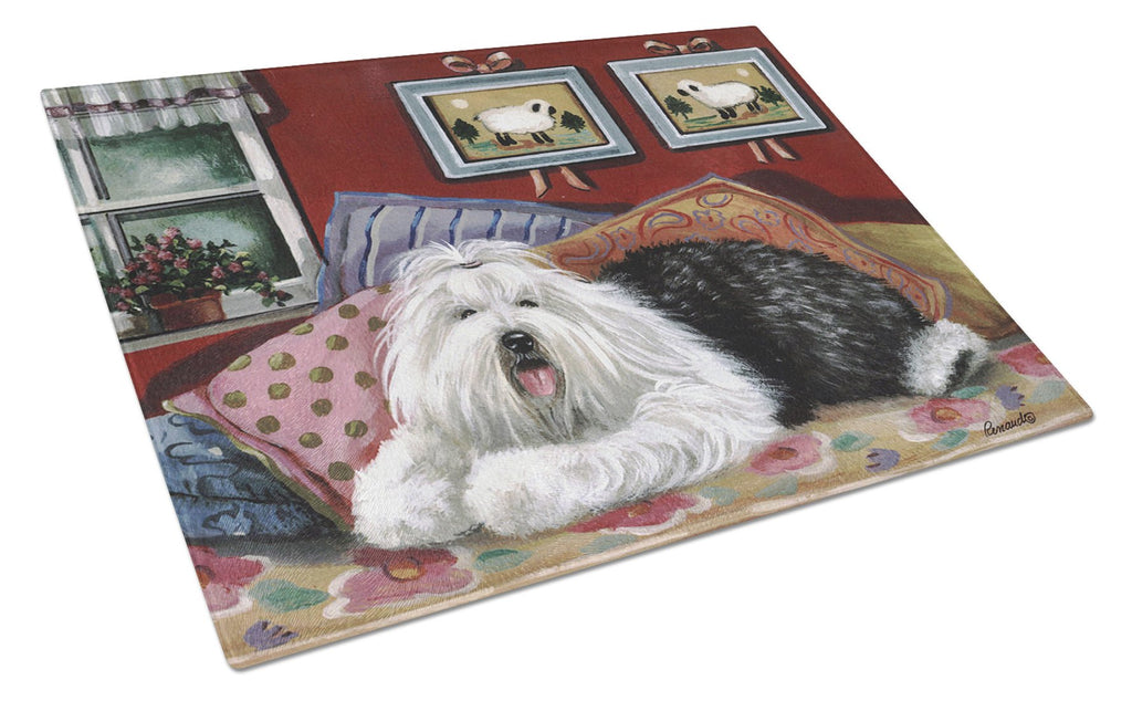 Old English Sheepdog Sweet Dreams Cutting Board Tempered Glass Kitchen Cutting Surface, Heat Resistant Chopping, Non-Slip Feet, Food Prep & Serving